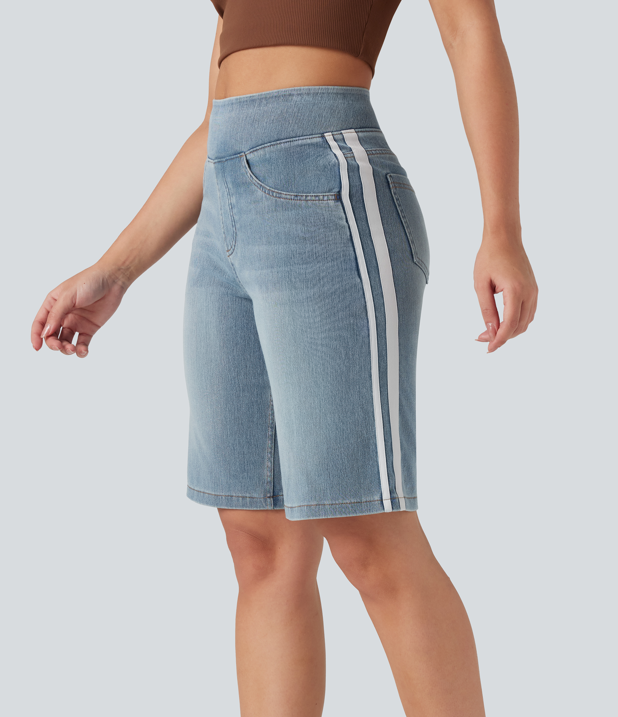 Short baggy denim rayé délavé Halara Flex™ taille haute avec poches
