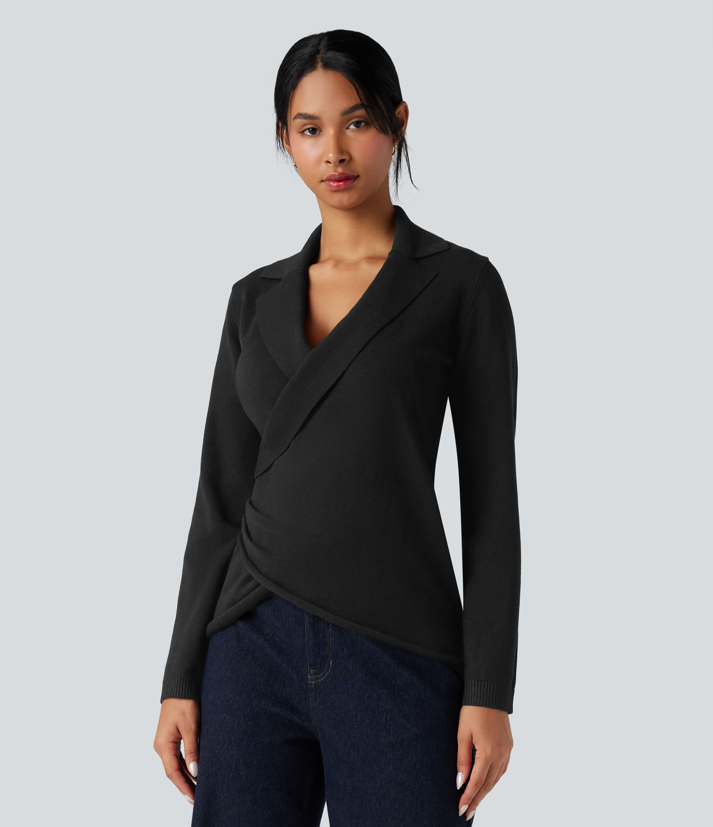 Black V-neck Long Sleeve Wrap Work Sweater / 1