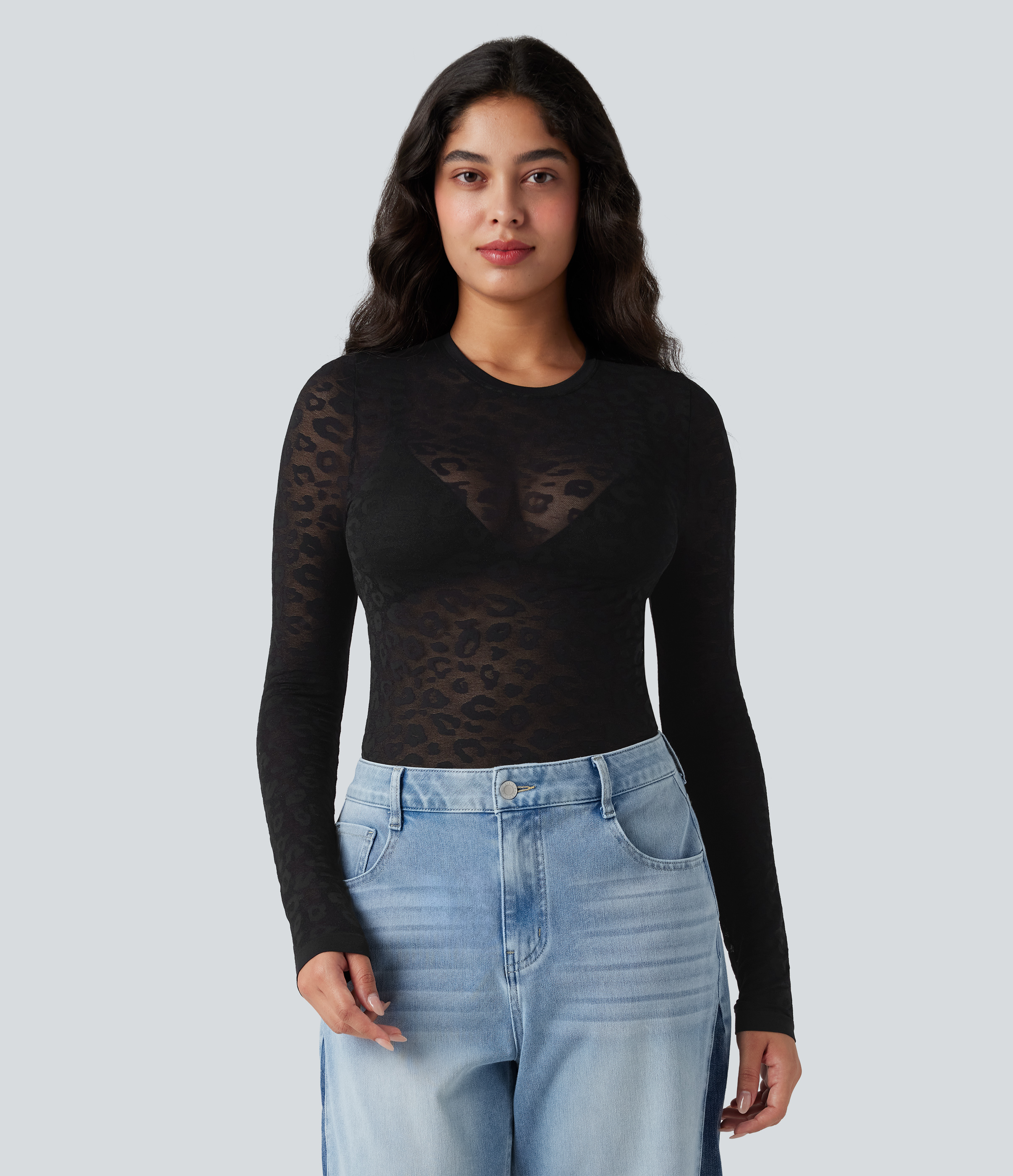 OneForm Seamless Flow Sheer Leopard Round Neck Long Sleeve Casual Sports Top