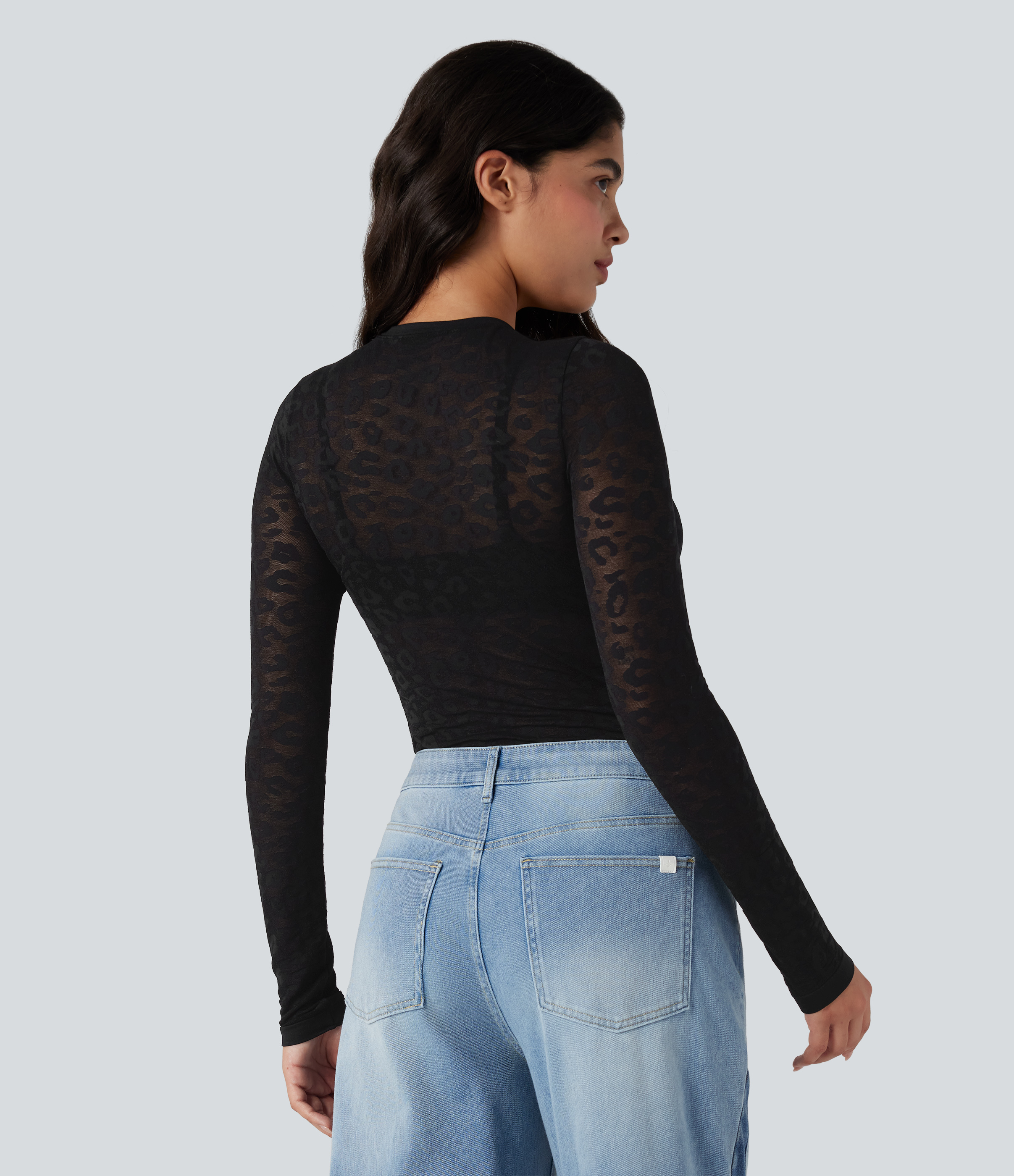 Noir Haut de sport col rond imprimé léopard transparent à manches longues sans couture OneForm Seamless Flow / 2