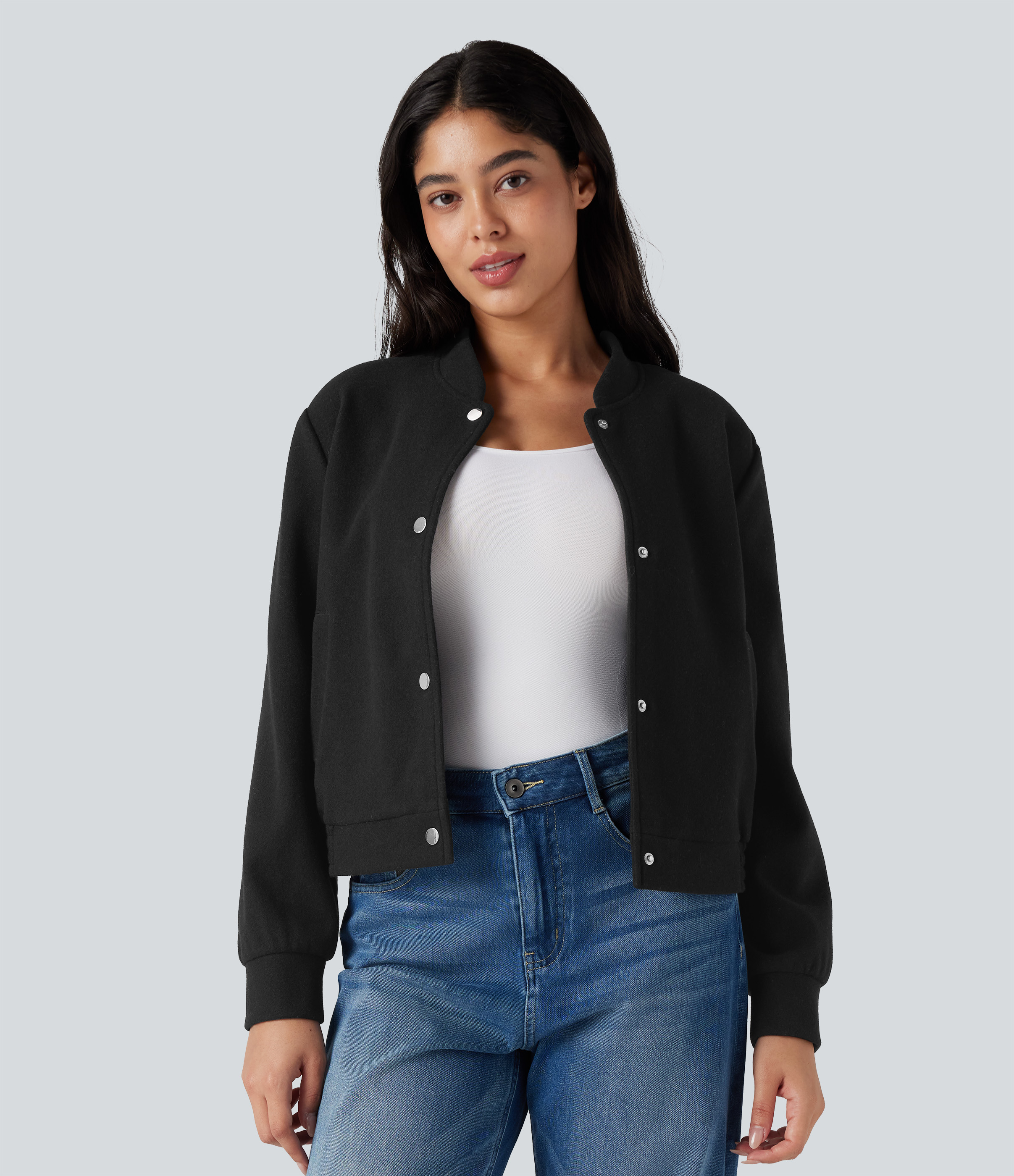 Veste bomber polaire col montant manches longues avec poches