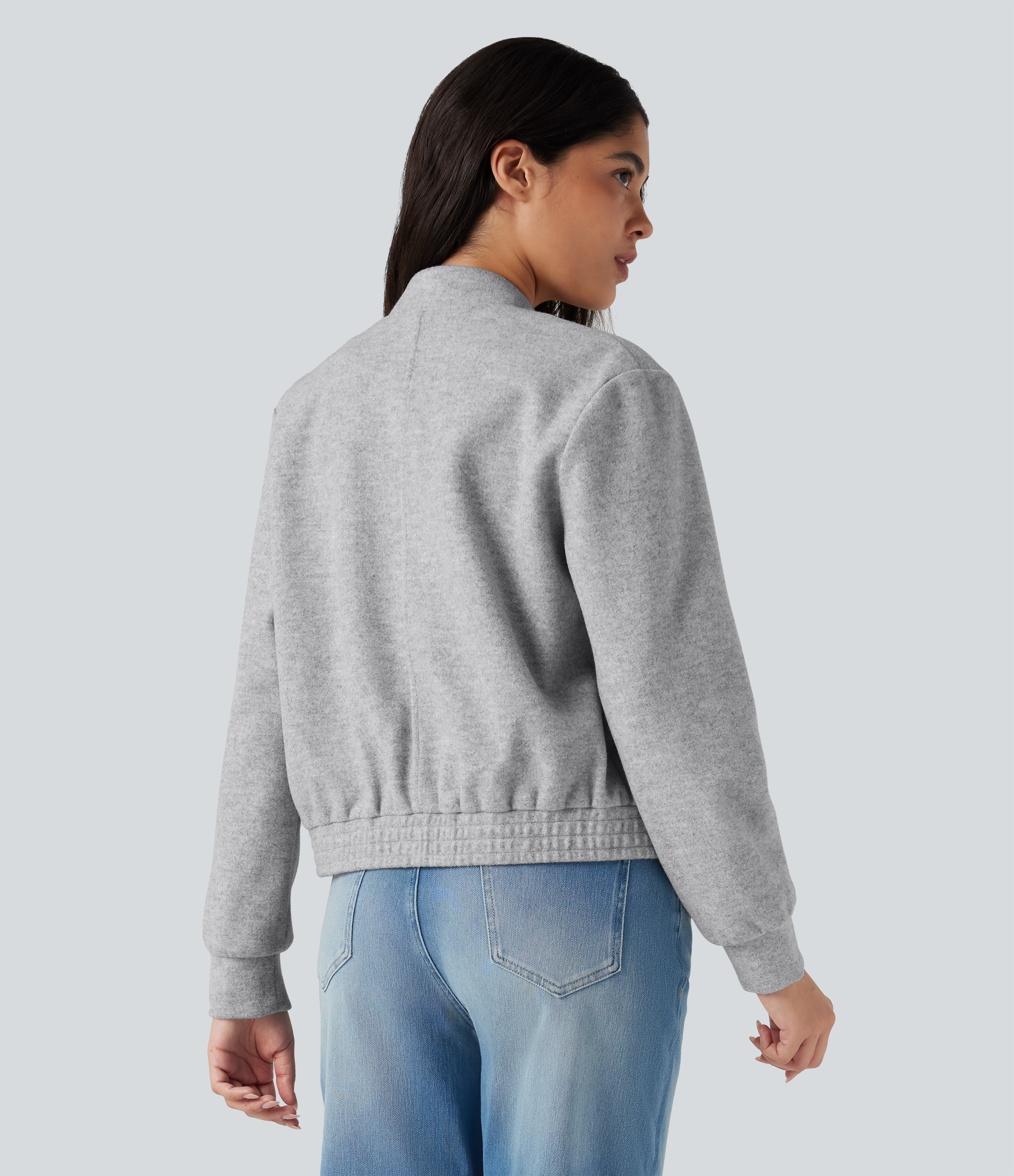  Marble Grey Stand Collar Long Sleeve Fleece Casual Bomber Jacket with Pockets / 2