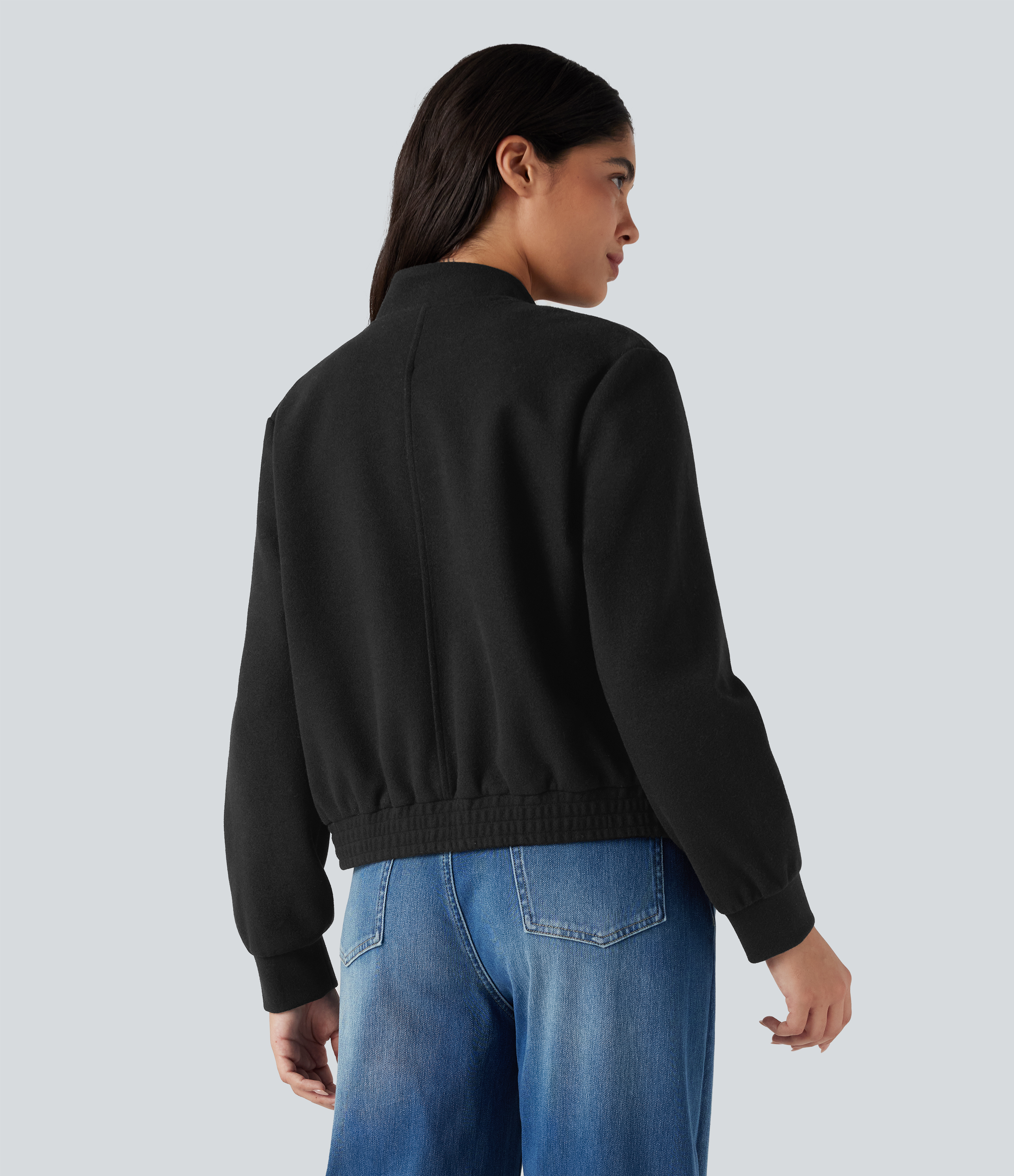 Noir Veste bomber polaire col montant manches longues avec poches / 2