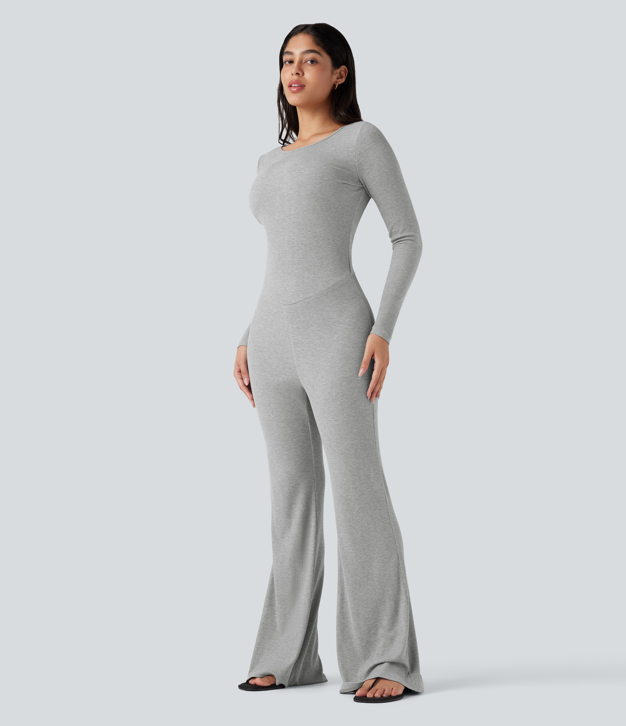 High Stretch Ribbed Knit Boat Neck Long Sleeve Casual Flare Jumpsuit-Easy Peezy