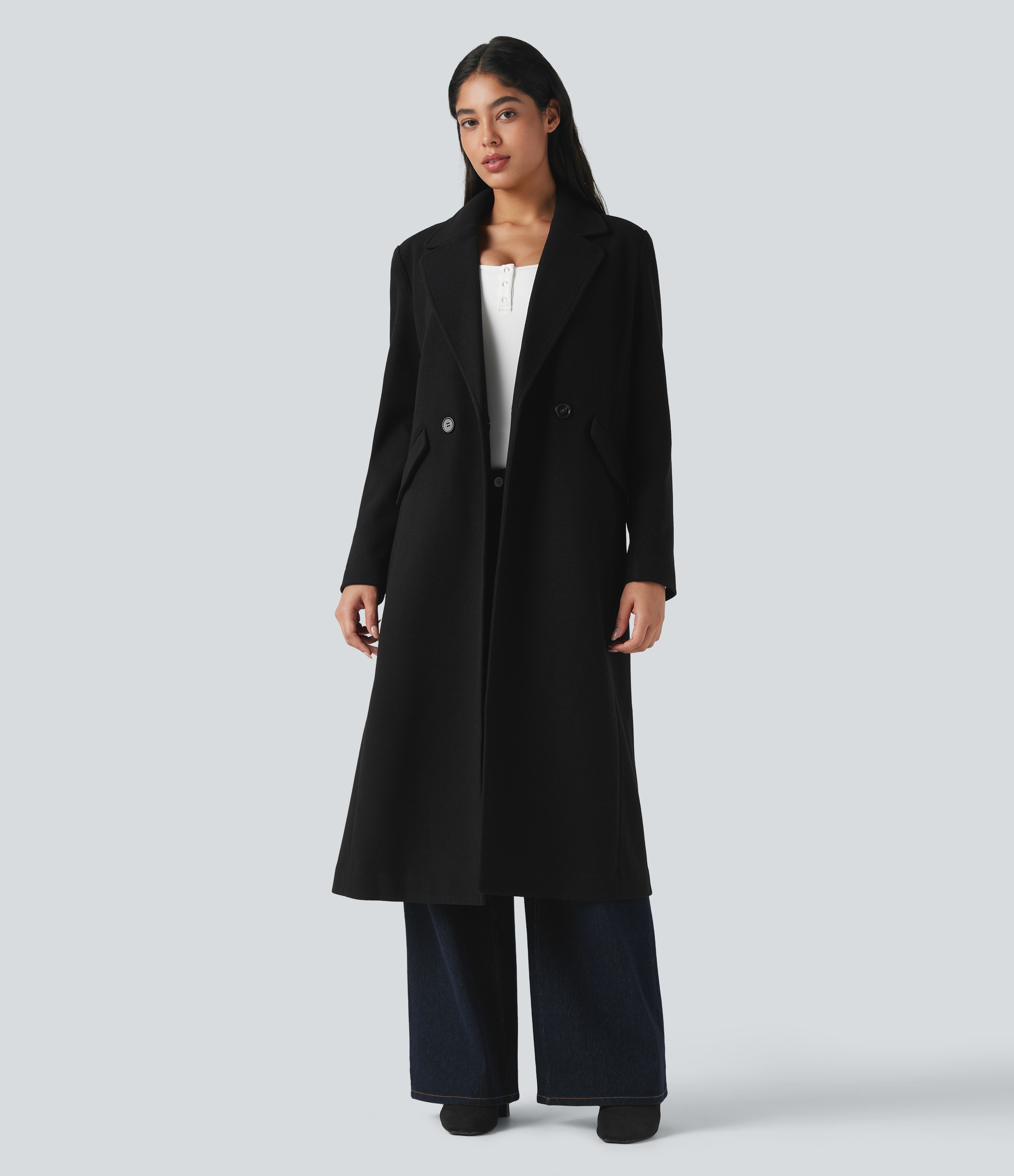 Manteau long polaire col cranté manches longues avec poches