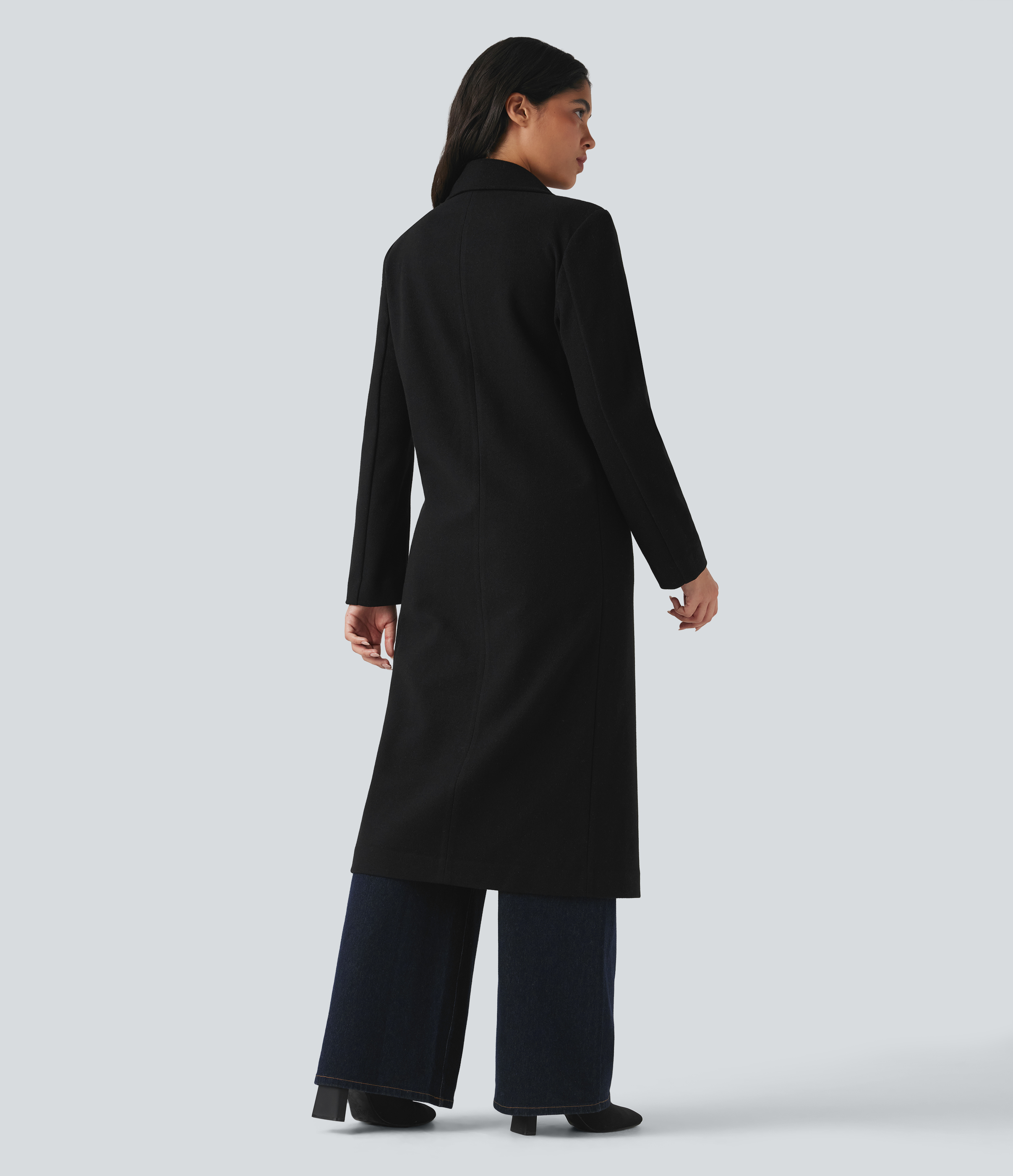 Noir Manteau décontracté long en polaire à col cranté, manches longues et poches / 2