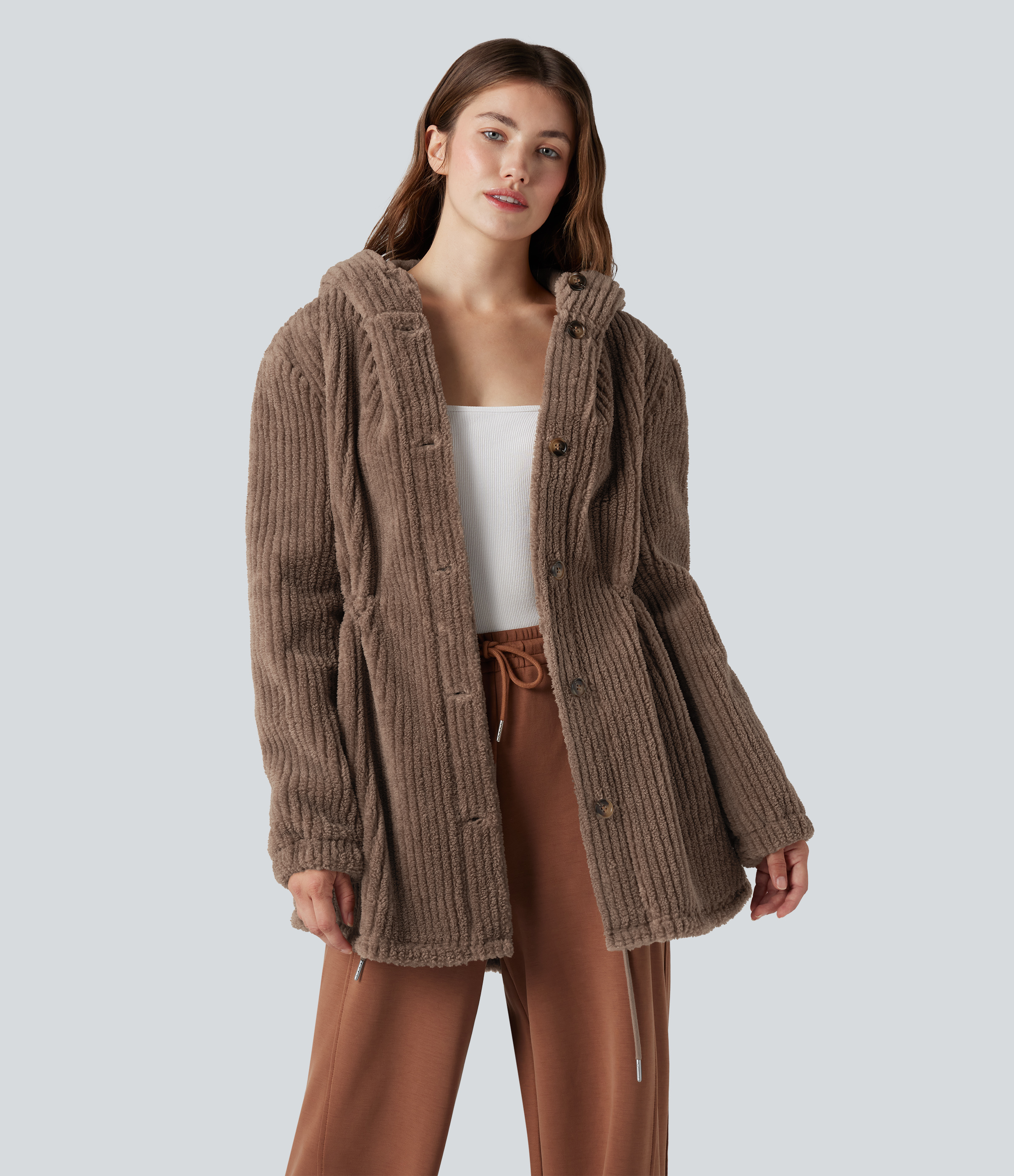 Hooded Drawstring Curved Hem Relaxed Casual Sherpa Jacket with Pockets