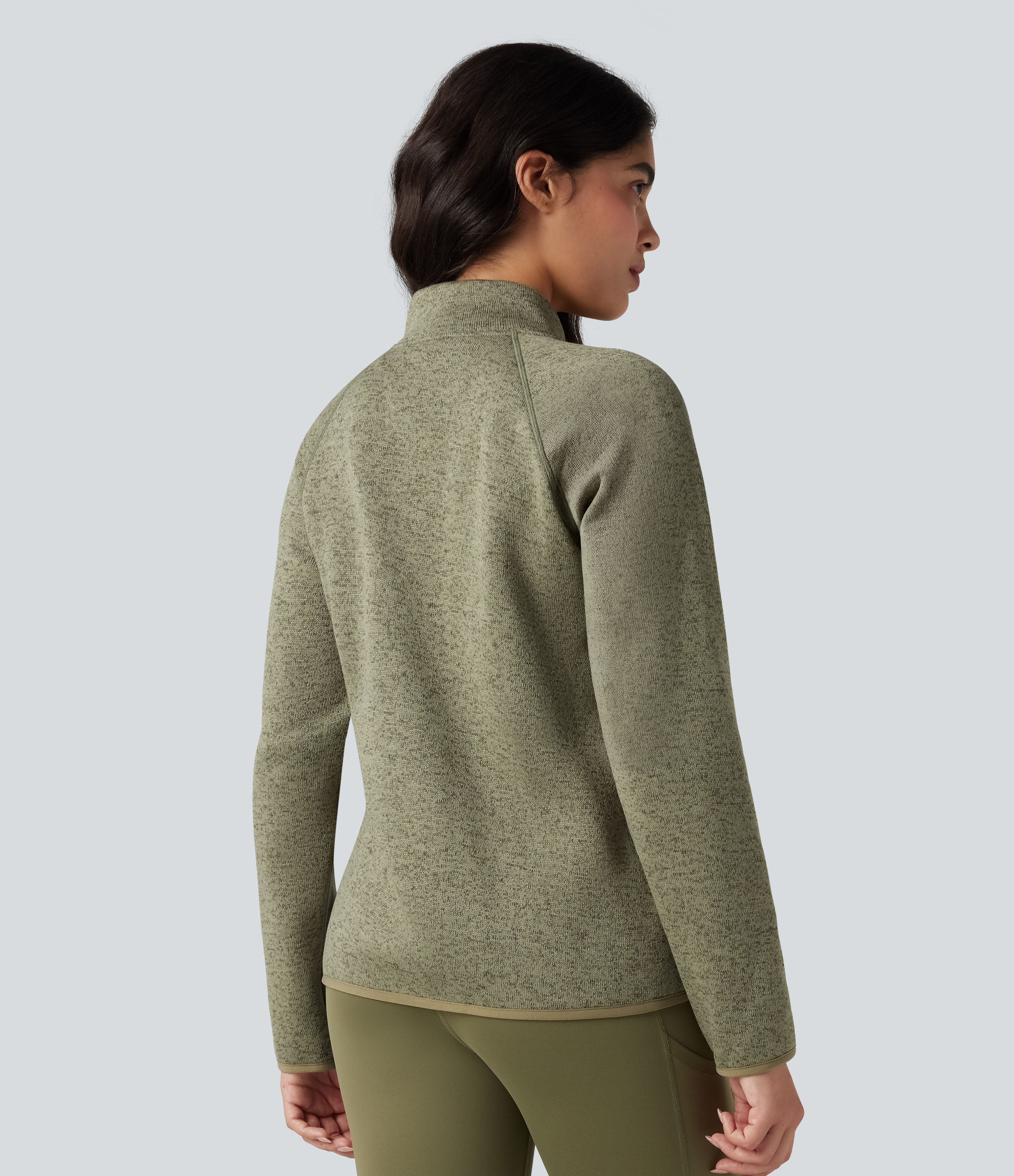 Earthy Yellow Stand Collar Long Sleeve Zip Fly Hiking Fleece Heathered Jacket with Pockets / 2
