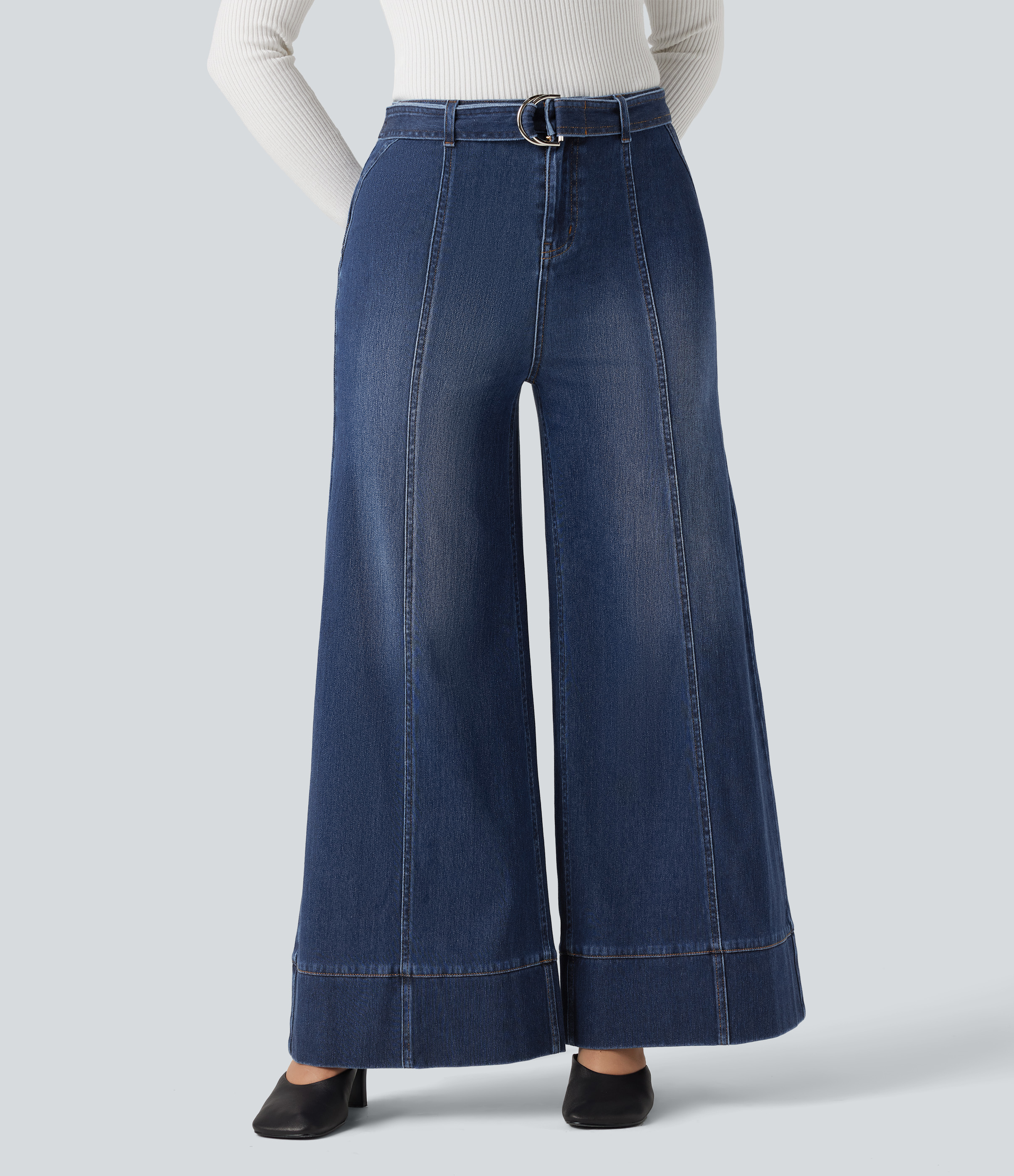 Halara Flex™ High Waisted Belted Wide Leg Flare Casual Jeans with Pockets