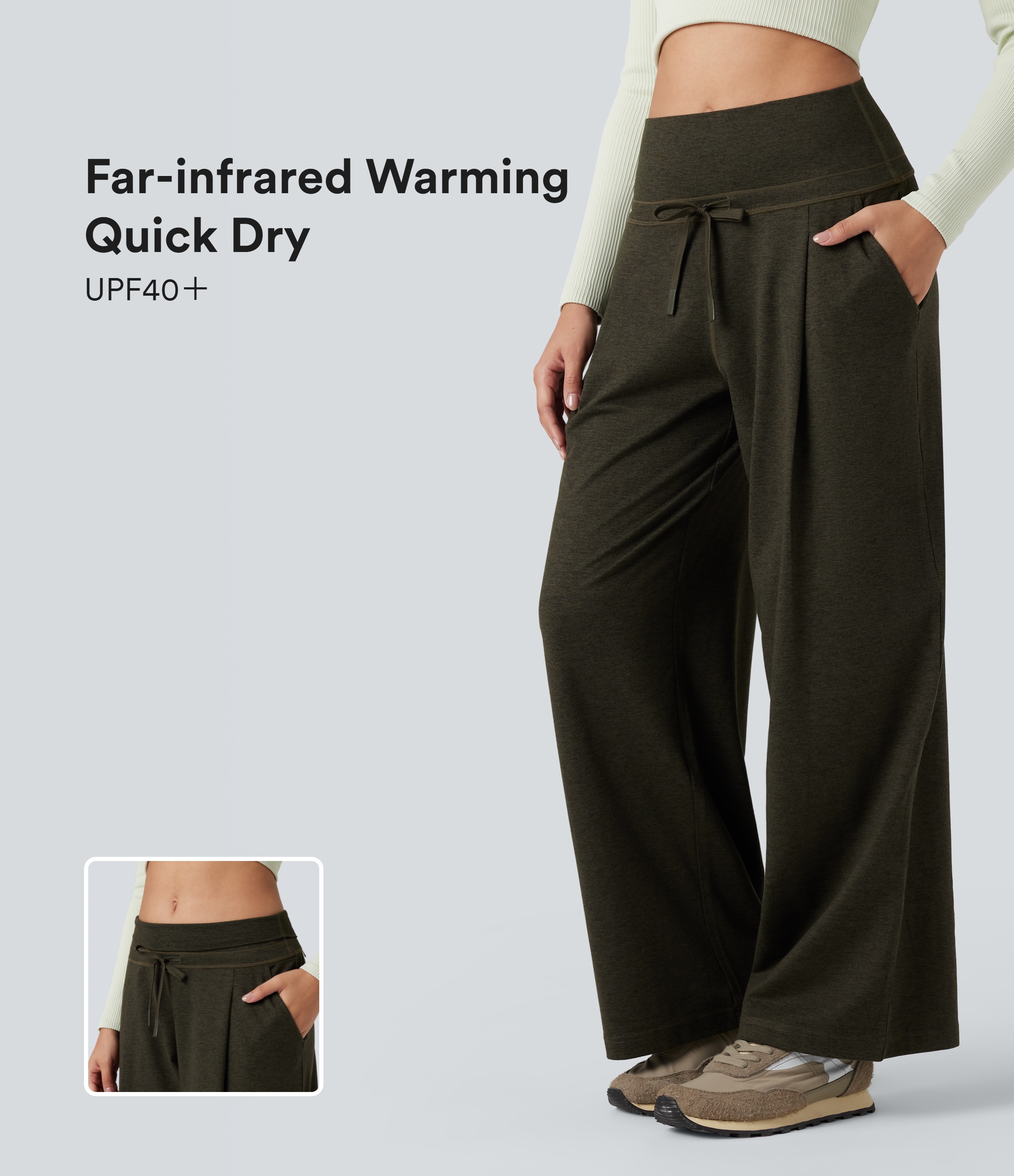 Shadow Moss Foldover High Waisted Draswtring Quick Dry Heathered Casual Wide-leg Pants with Pockets / 1