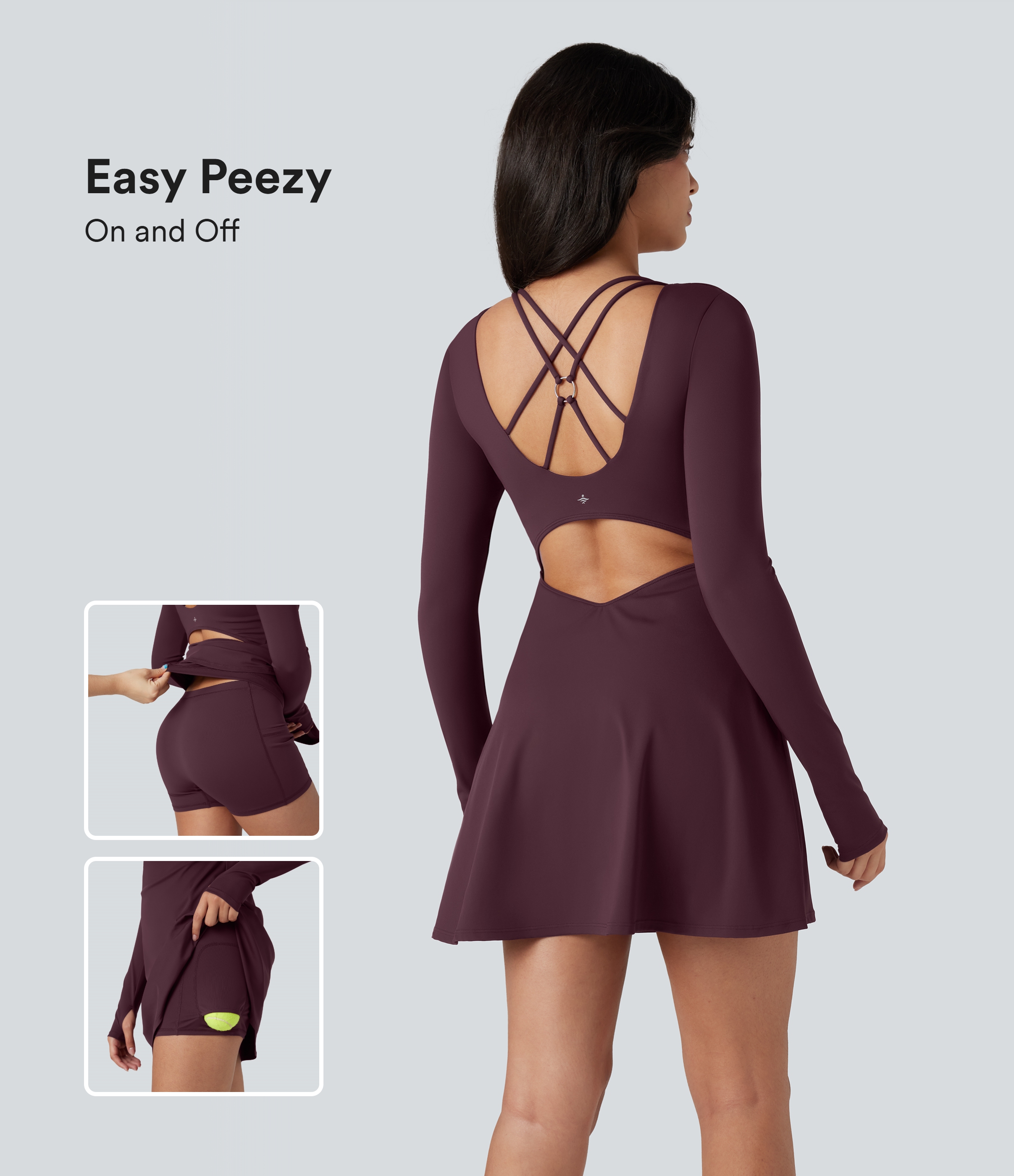 SoftlyZero™ QuickDry Crisscross Back Long Sleeve Thumb Holes 2-in-1 Mini Tennis Active Dress with Pockets-Easy Peezy
