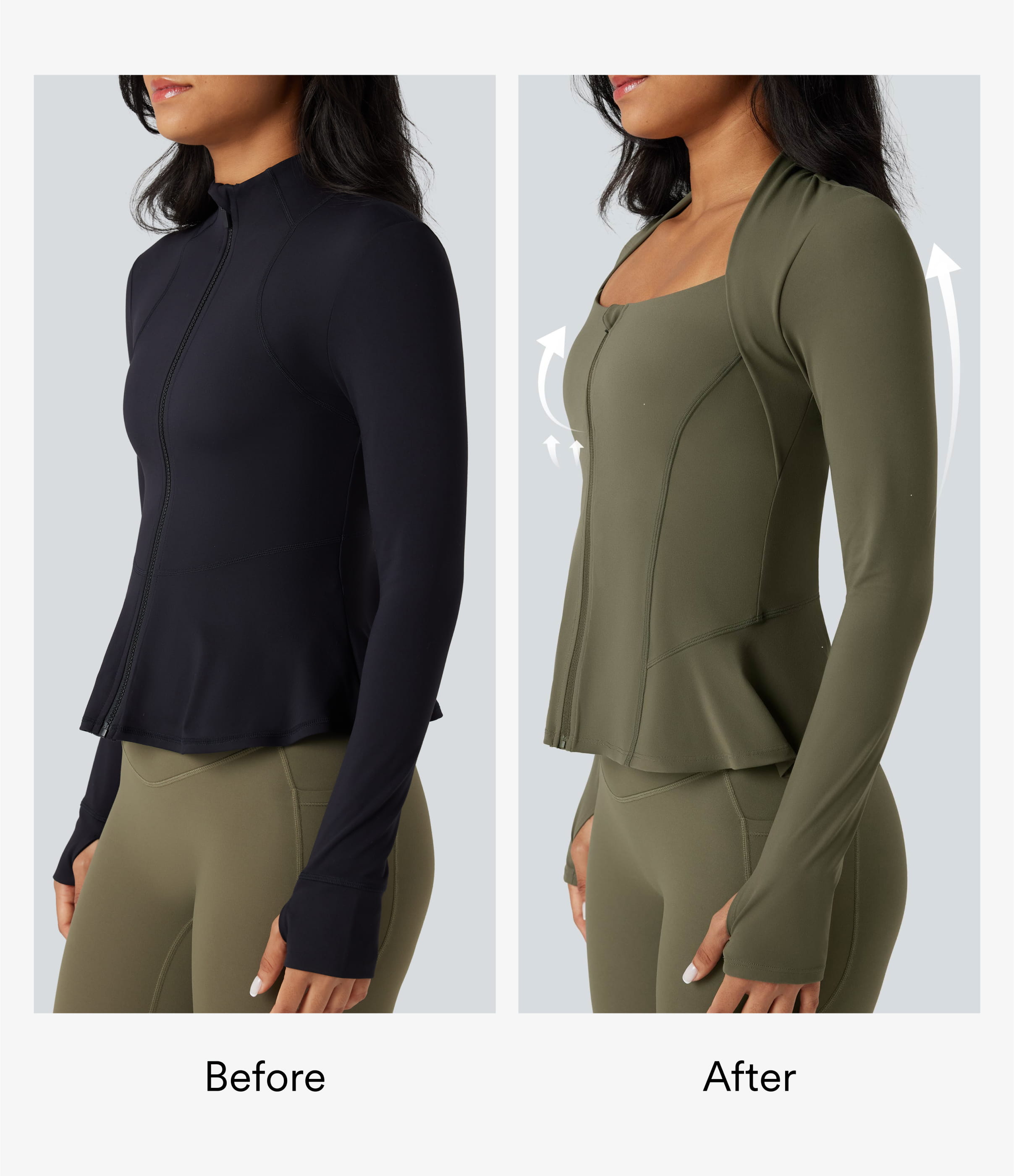 Grass Grey Green Halara UltraSculpt™ Push-Up Long Sleeve Thumb Hole Zipper Ruffle Hem Yoga Curvy Jacket / 2