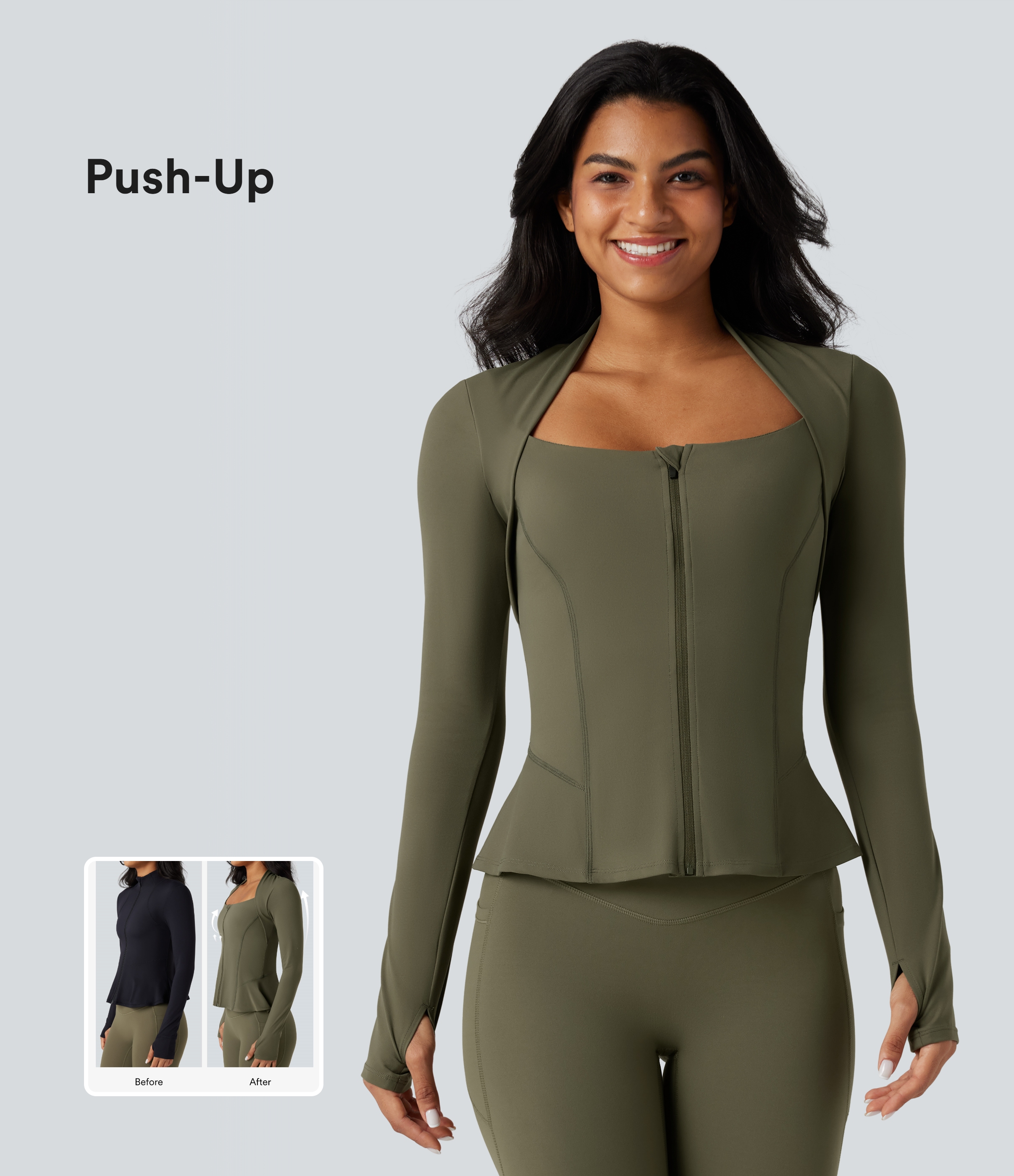 Halara UltraSculpt™ Push-Up Long Sleeve Thumb Hole Zipper Ruffle Hem Yoga Curvy Jacket