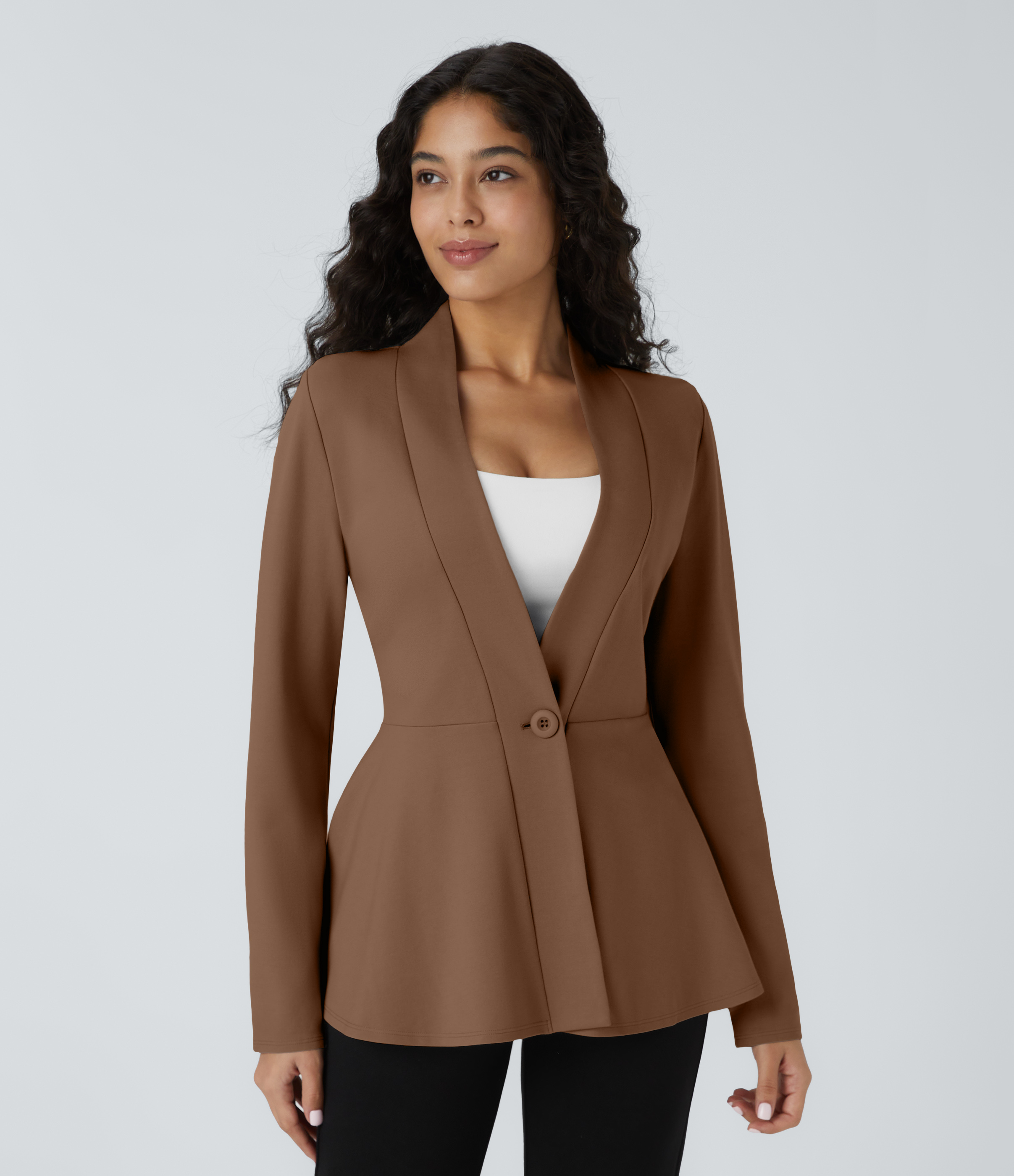 V-neck peplum work jacket with one button