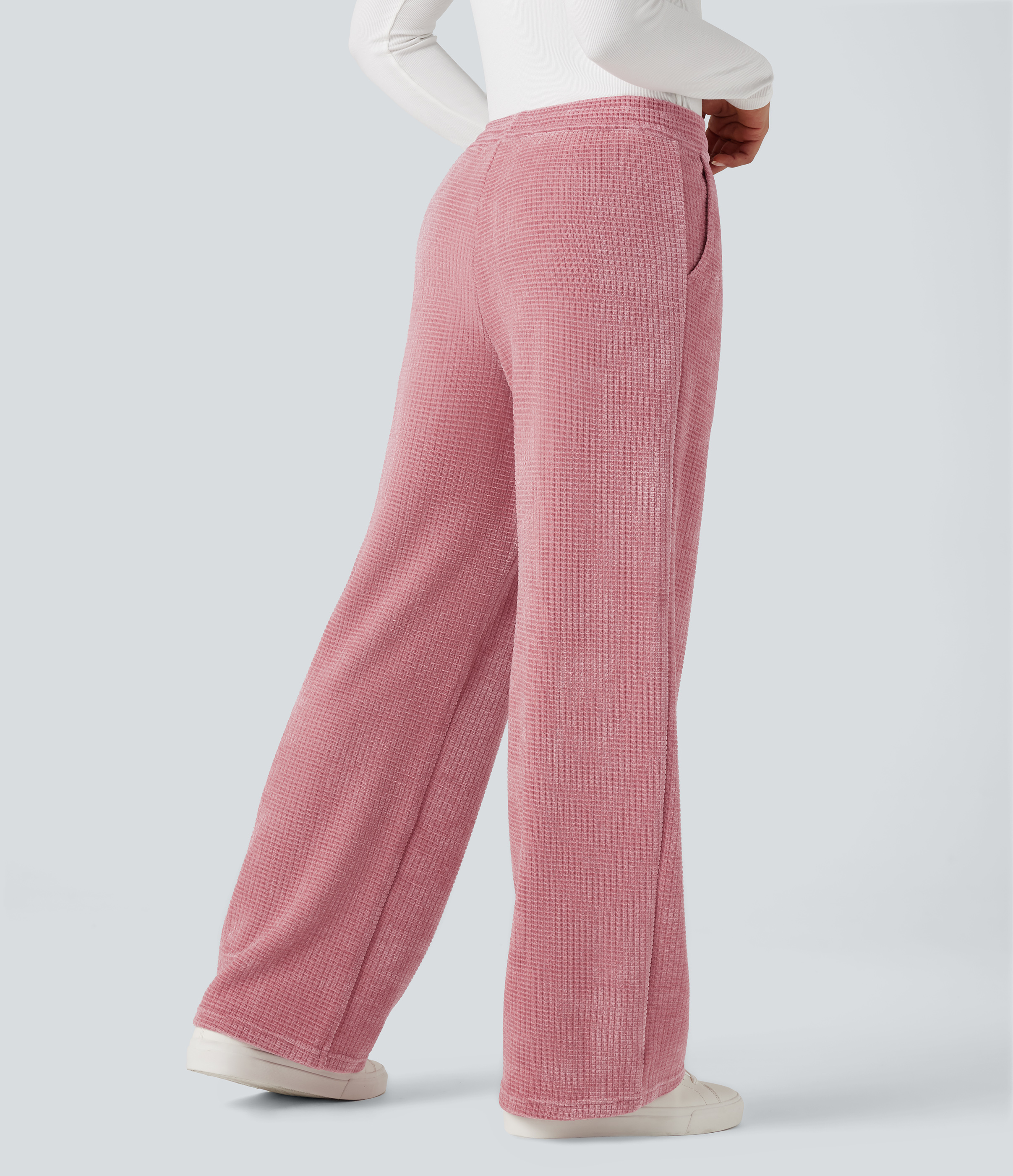 Rose Elegance Mid Rise Chenille Waffle Casual Straight-leg Trousers with Pockets / 2