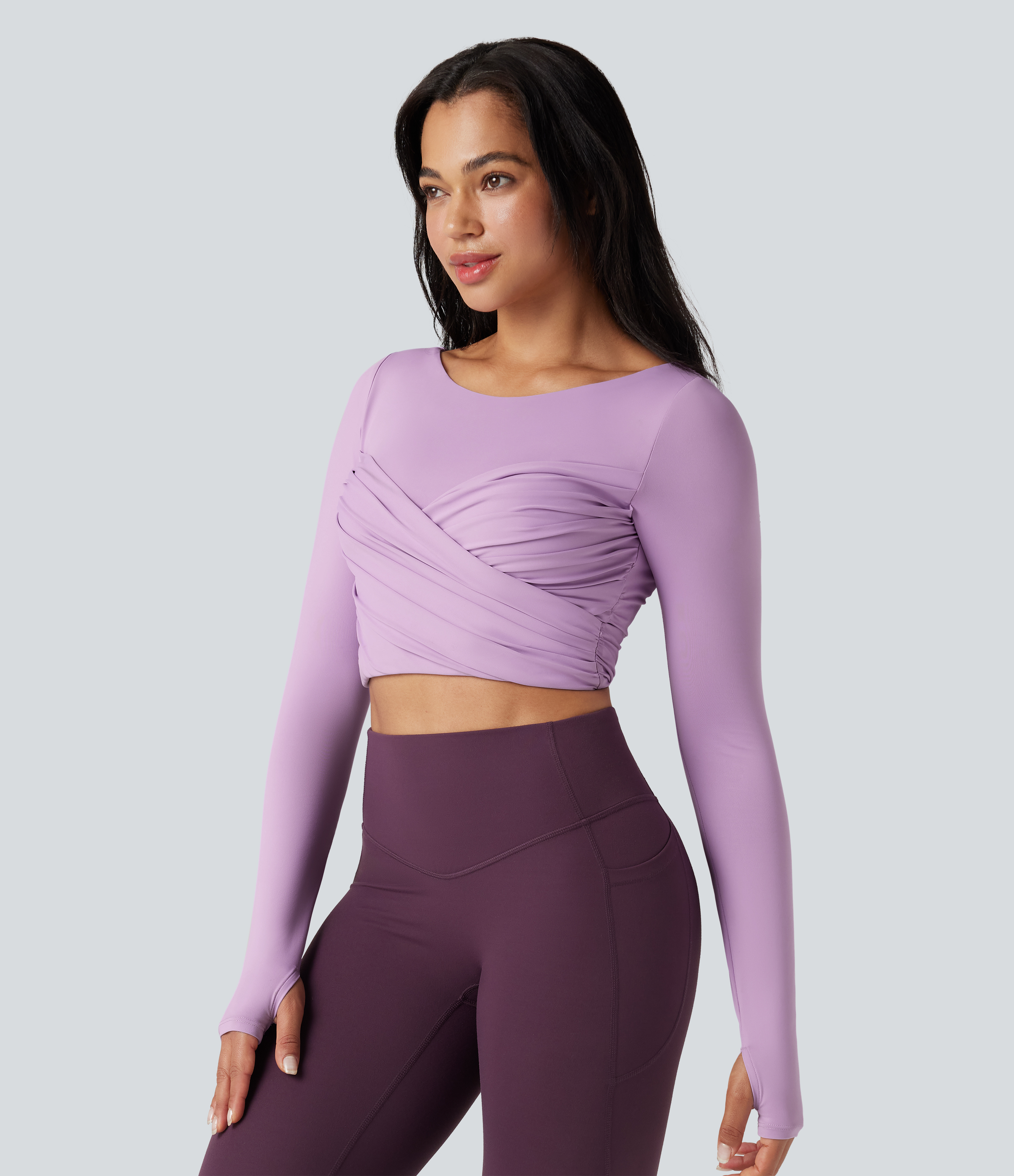 Plum Pink Purple Top de sport yoga court push-up mousse col échancré manches longues avec trous pouces croisé / 2
