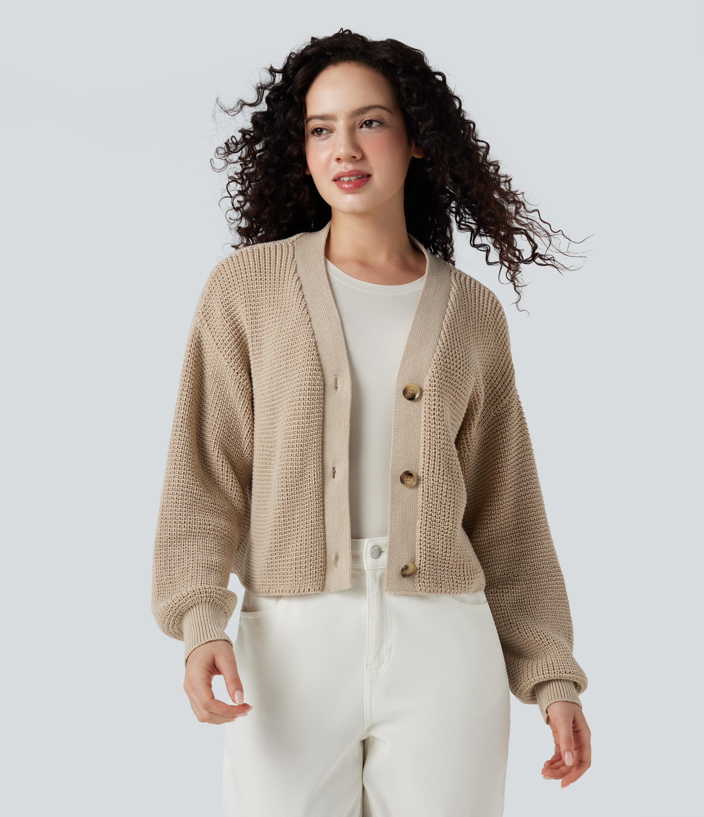 Lässiger Cardigan mit V-Ausschnitt, langen Ärmeln und Waffelmuster