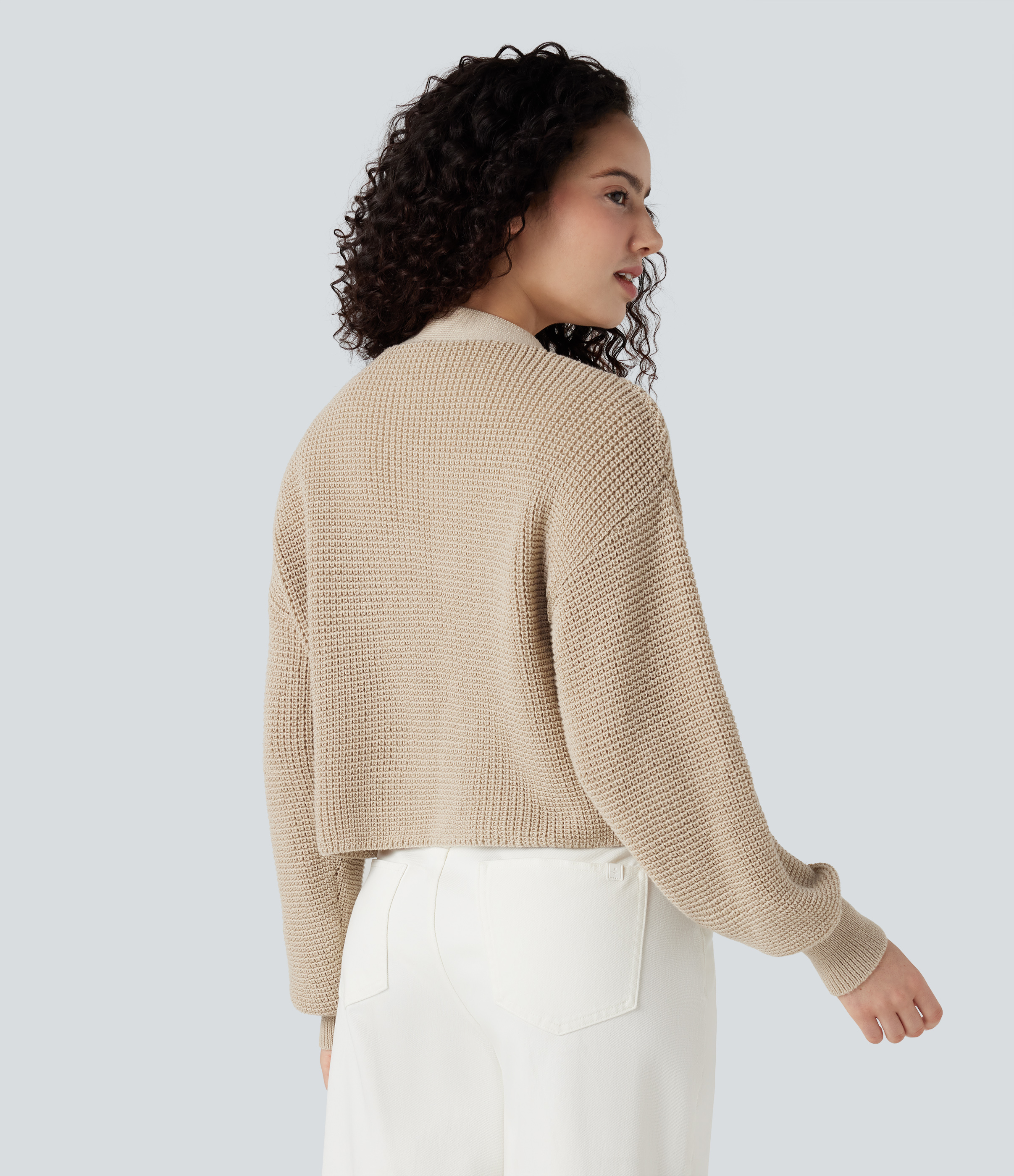 Frosted Almond V-neck Long Sleeve Waffle Casual Cardigan / 2