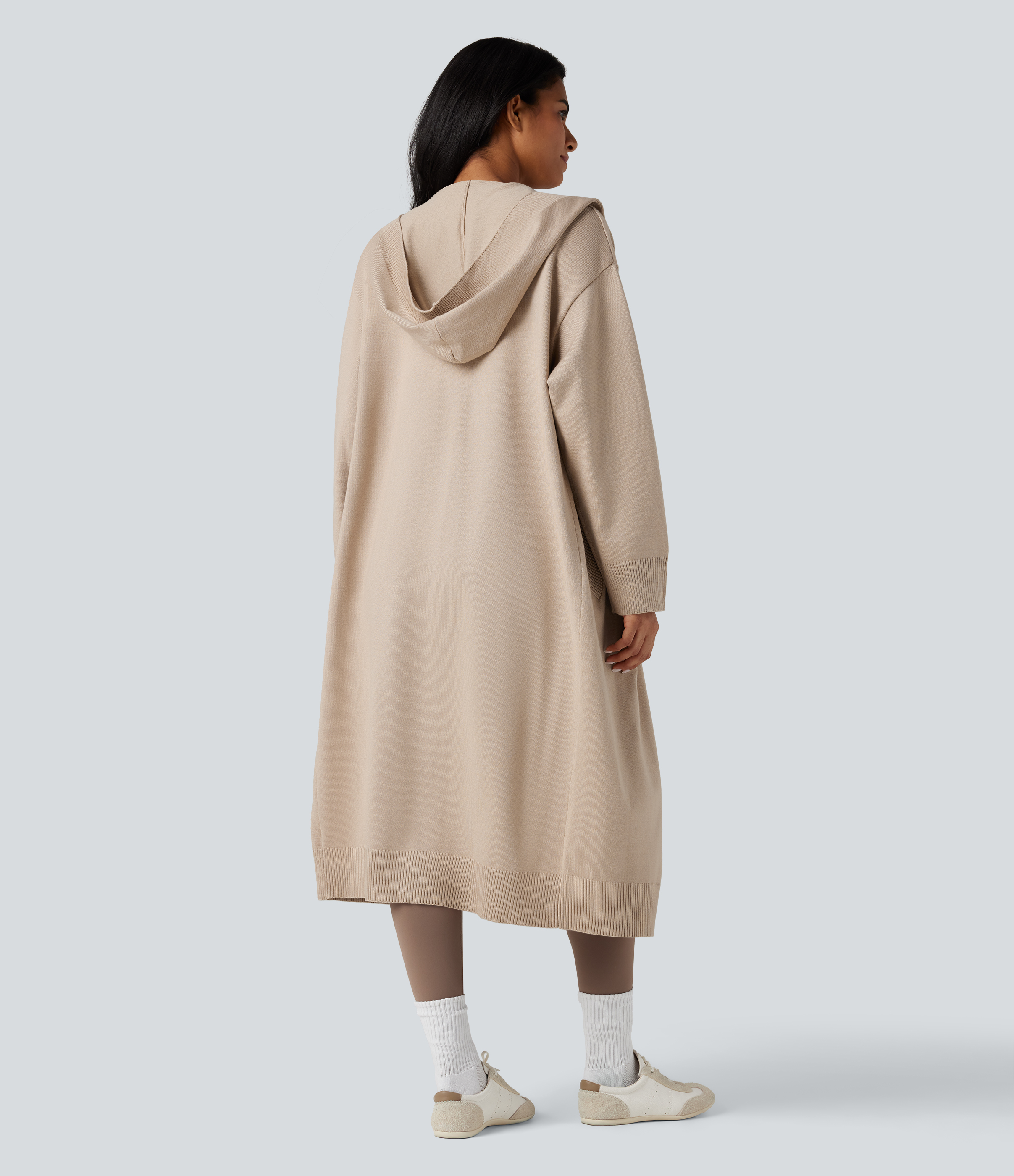 Gray Morn Lässiger Longline-Cardigan mit Kapuze, langen Ärmeln und Taschen / 2