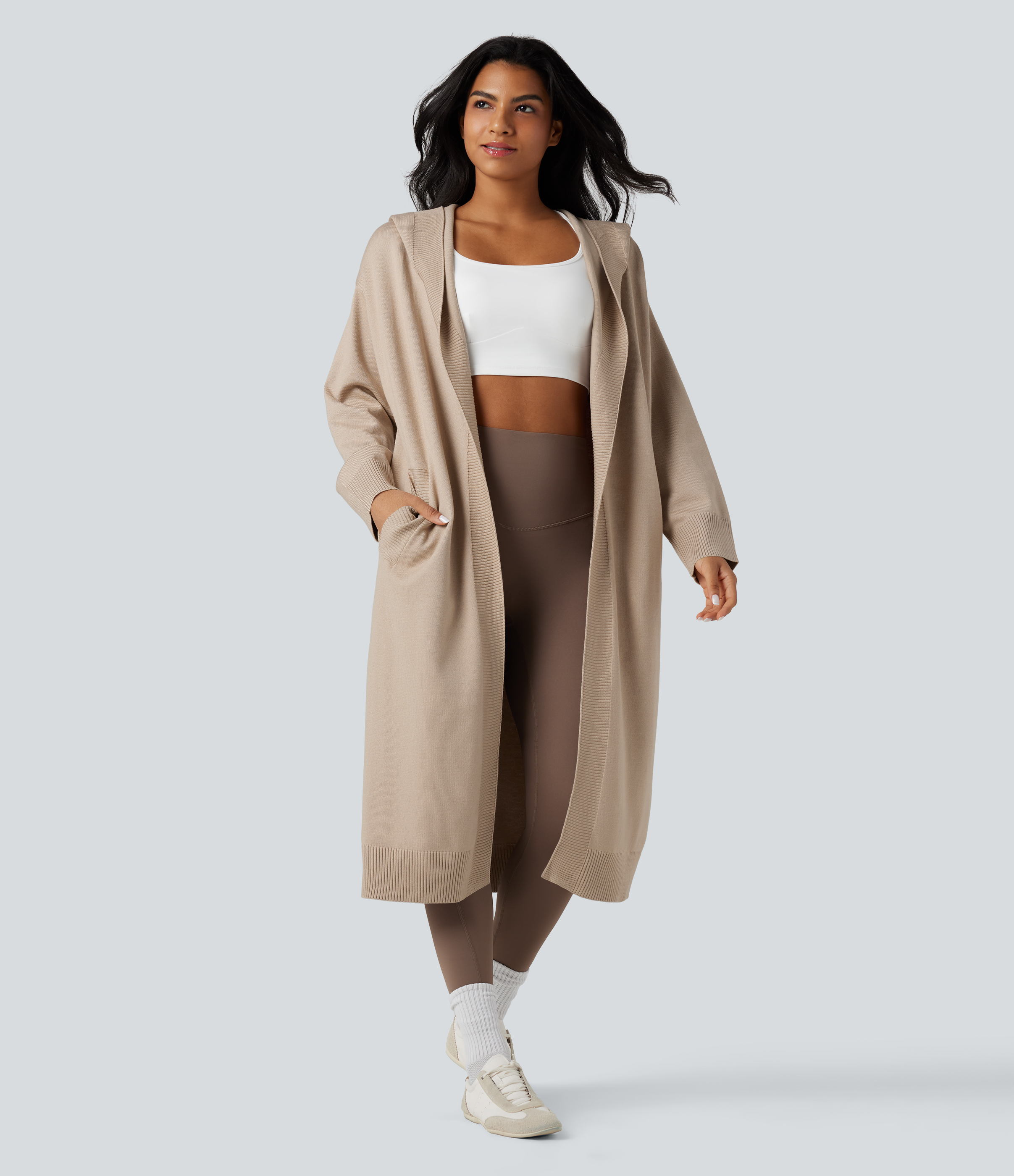 Cardigan casual lung cu glugă și mâneci lungi, prevăzut cu buzunare
