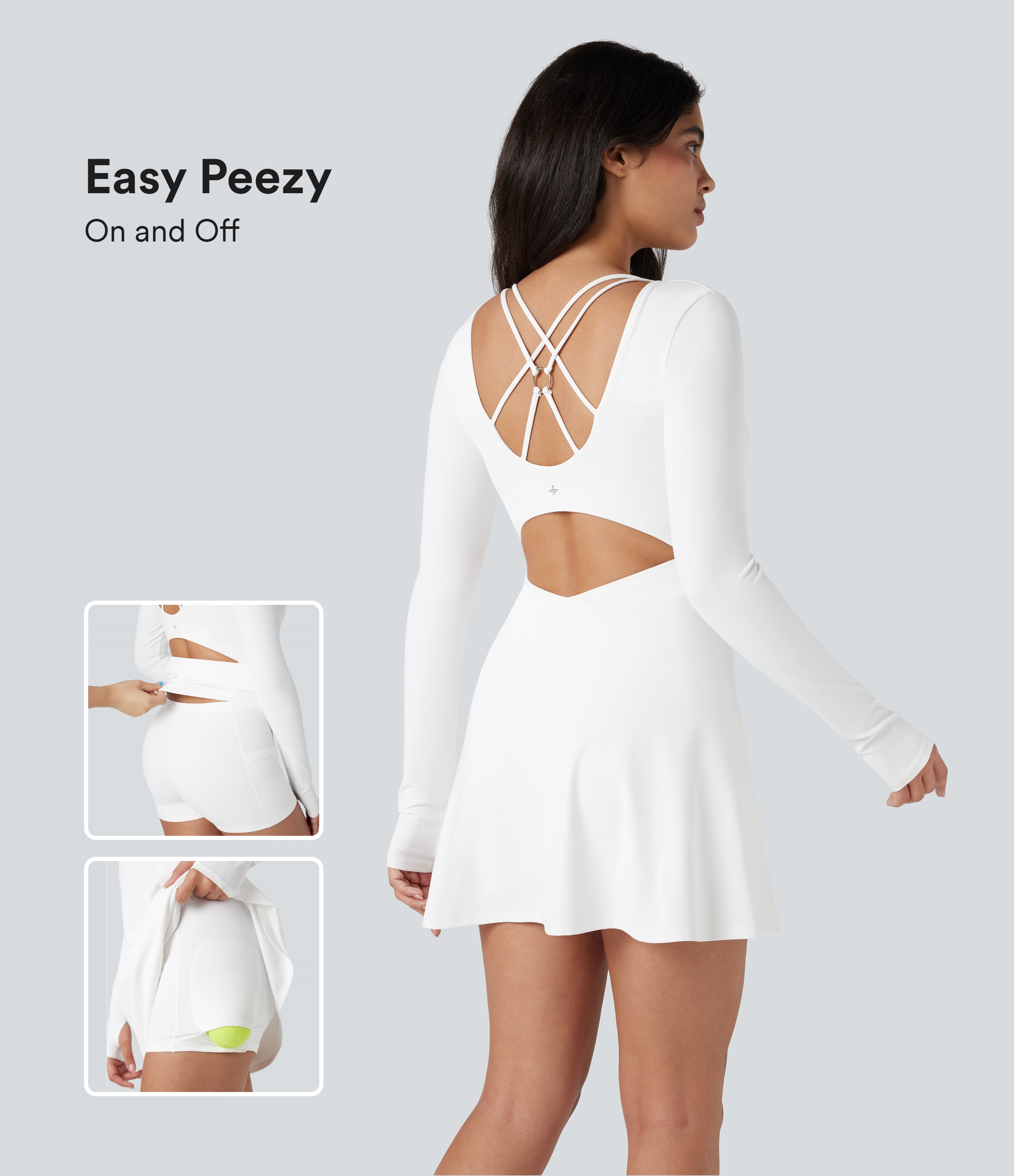 SoftlyZero™ vestido activo mini de tenis 2 en 1 de secado rápido con espalda cruzada, mangas largas, orificios para el pulgar y bolsillos — facilísimo