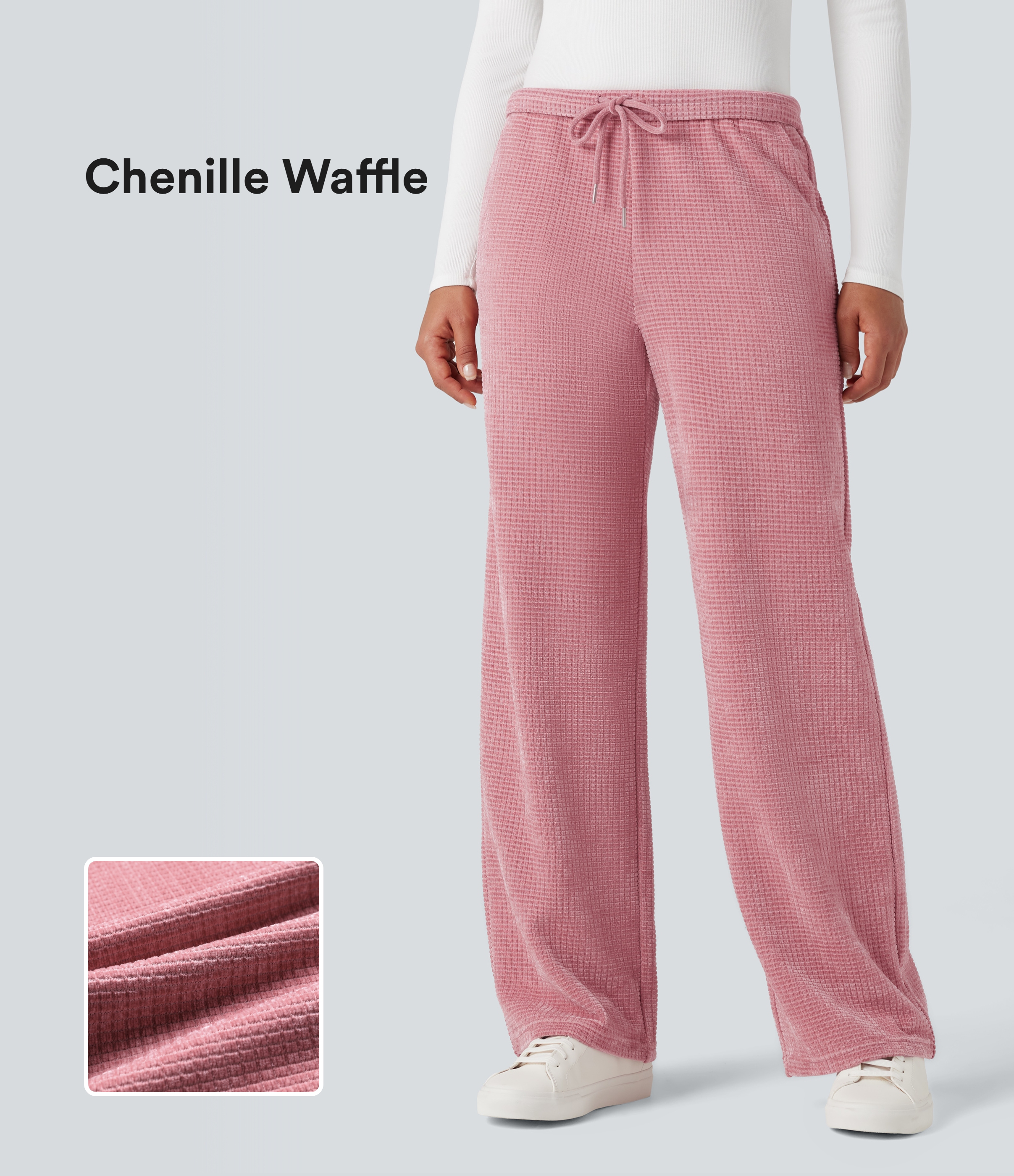Mid Rise Chenille Waffle Casual Straight-leg Pants with Pockets