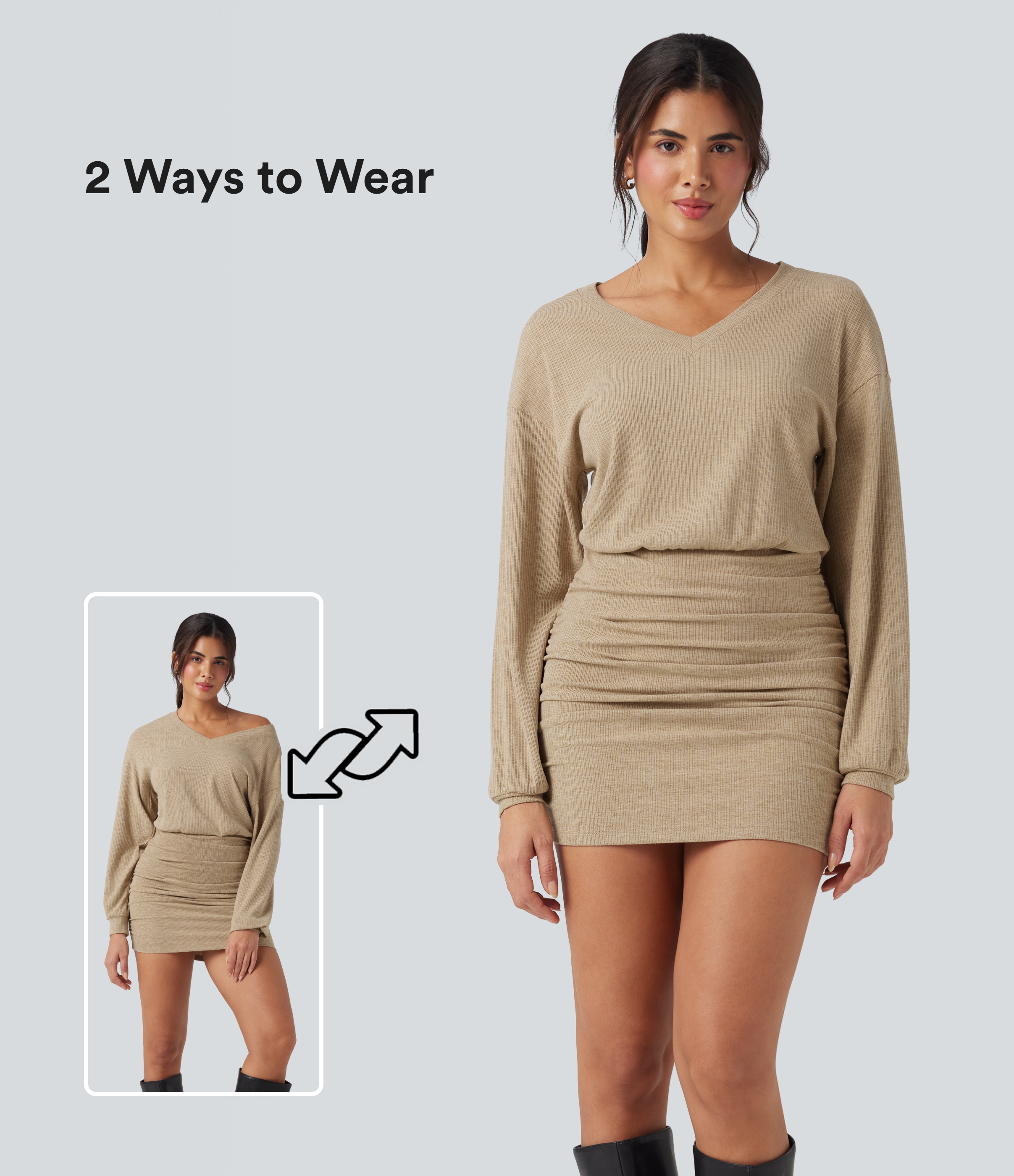 Ribbed Knit V-neck Long Sleeve Ruched Bodycon Mini Casual Dress