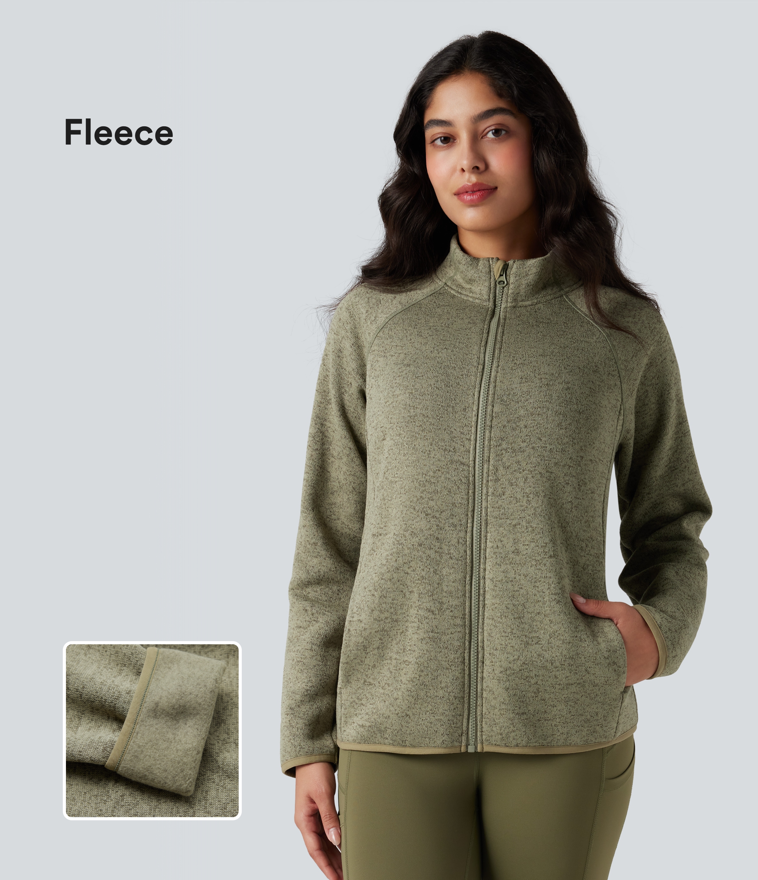 Veste polaire de randonnée chiné col montant manches longues avec fermeture éclair et poches