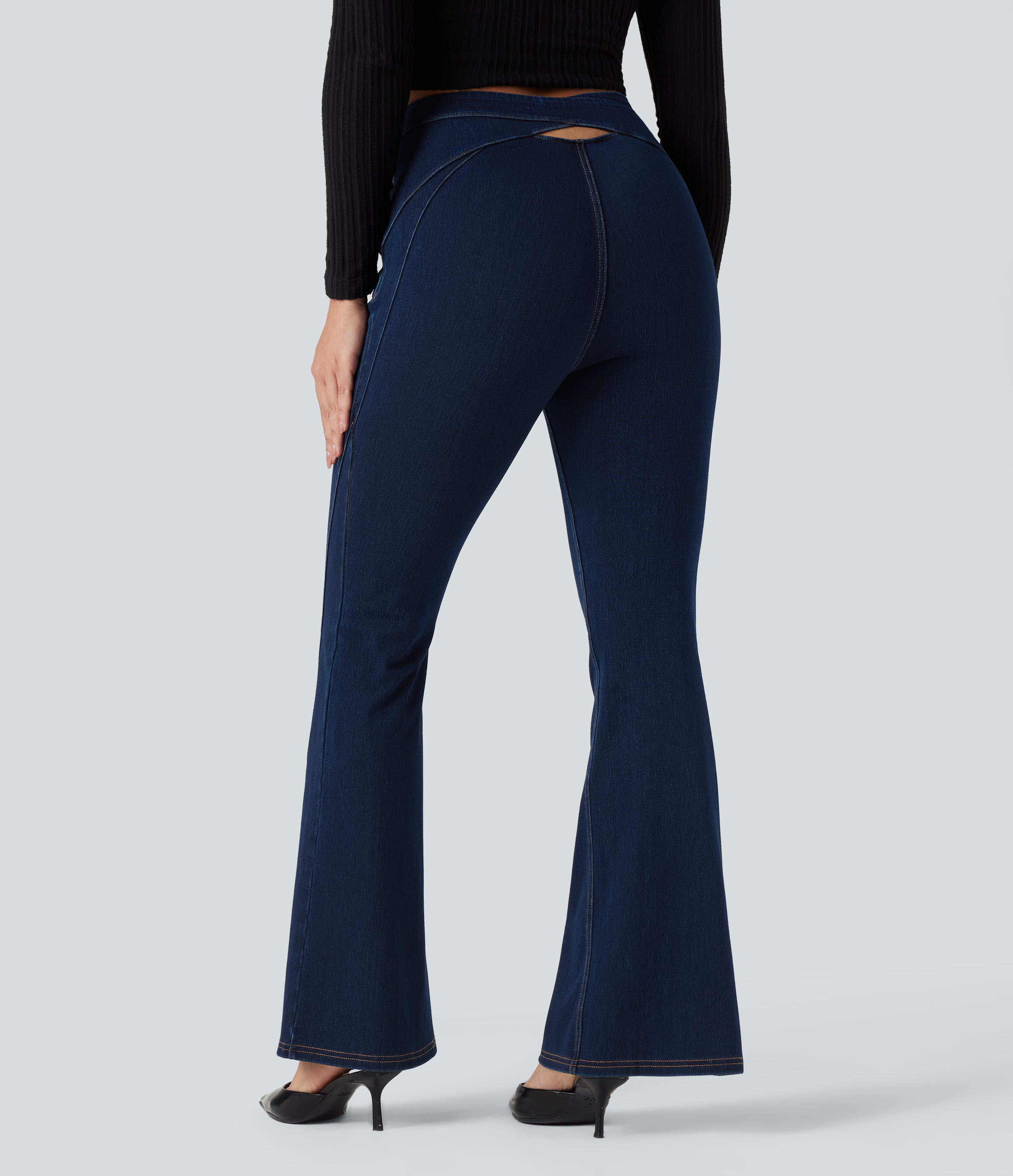 Halara Flex™ High Waisted Crossover Back Split Denim Casual Flared Leggings with Pockets