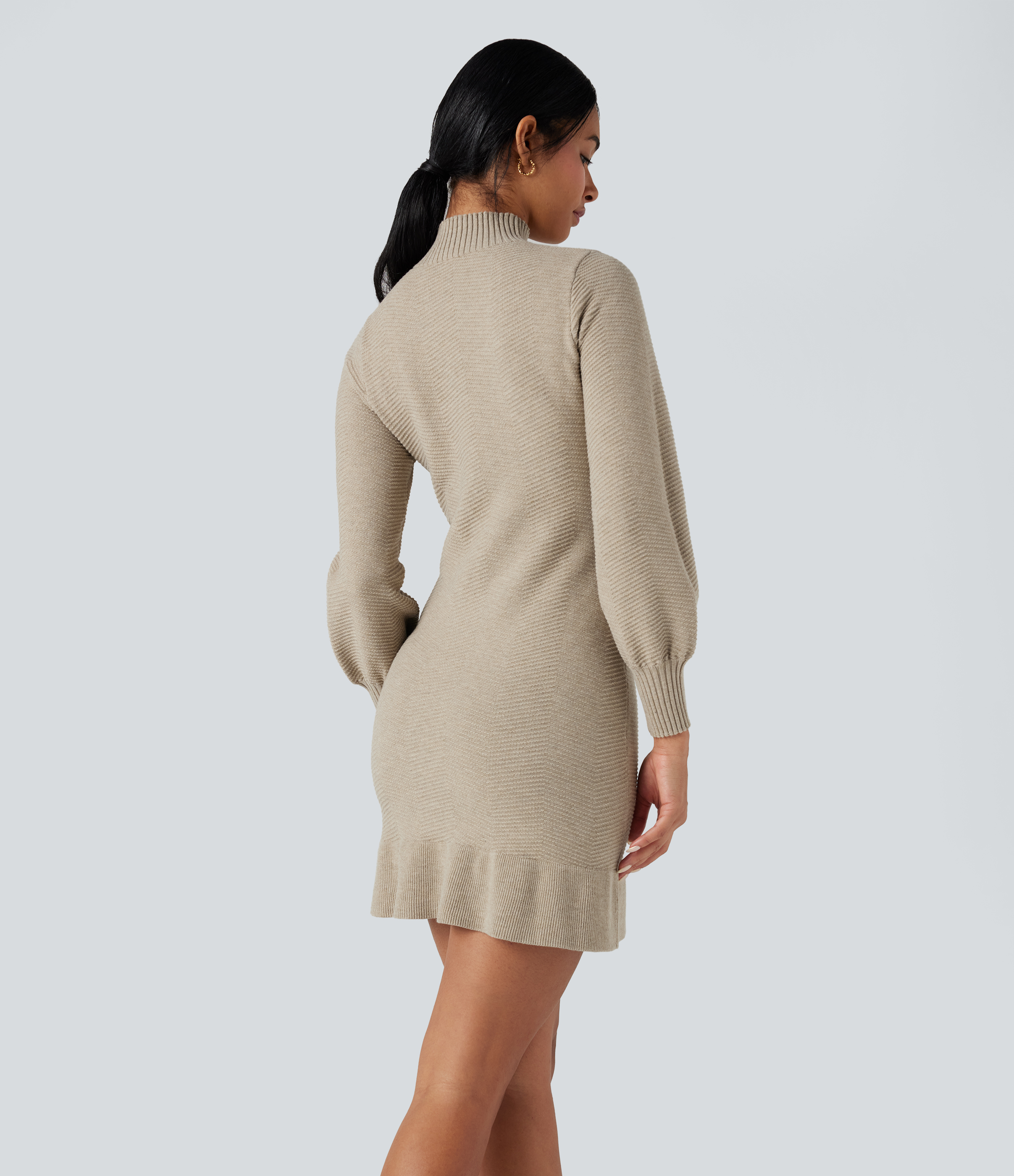 Almond Milk Mock-neck Long Sleeve Ruffle Hem Mini Work Jumper Dress / 2