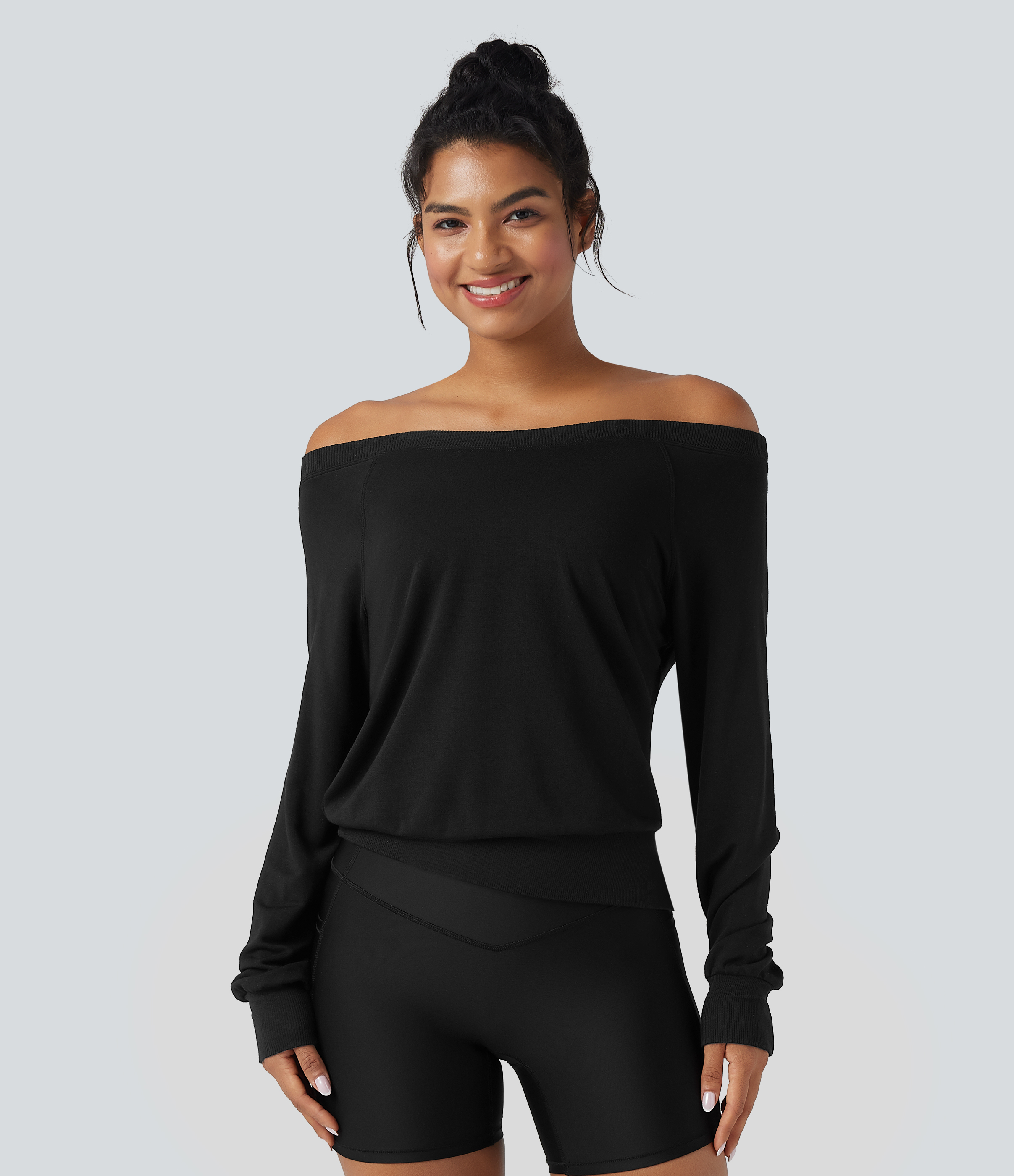 Black Top de sport yoga polaire épaules dénudées manches longues / 1