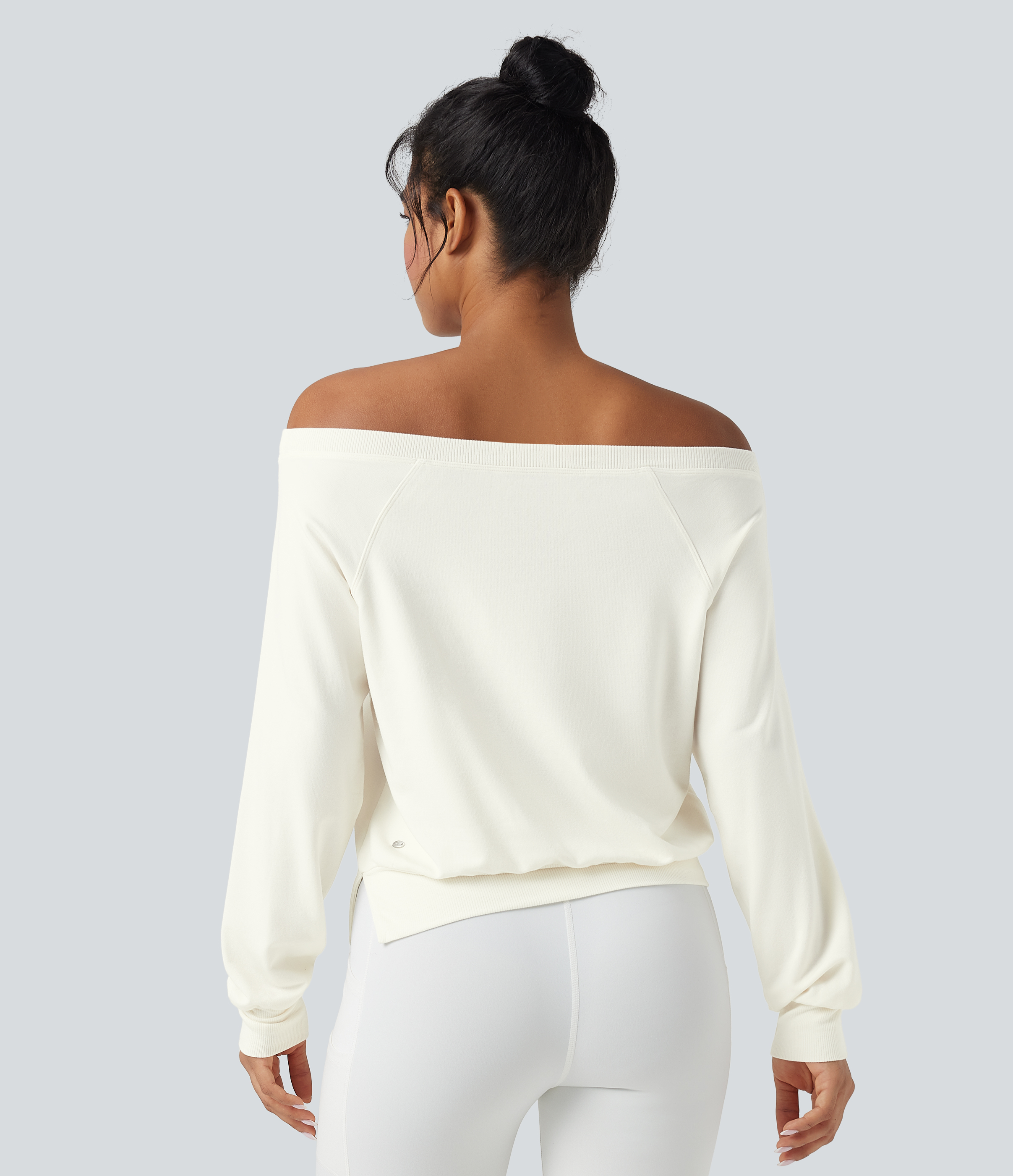 Star White Off-shoulder Long Sleeve Fleece Yoga Sports Top / 2