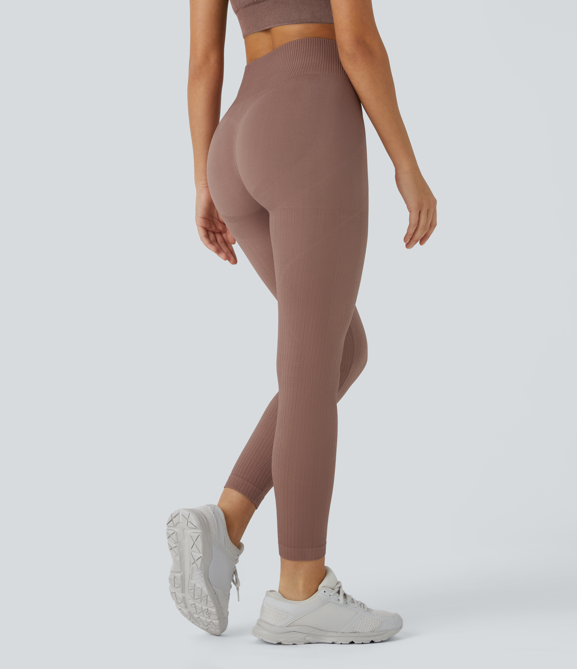 Autumn Brown Leggings de entrenamiento acanalados con tiro alto suaves y sin costuras con control de abomen y push-up / 2