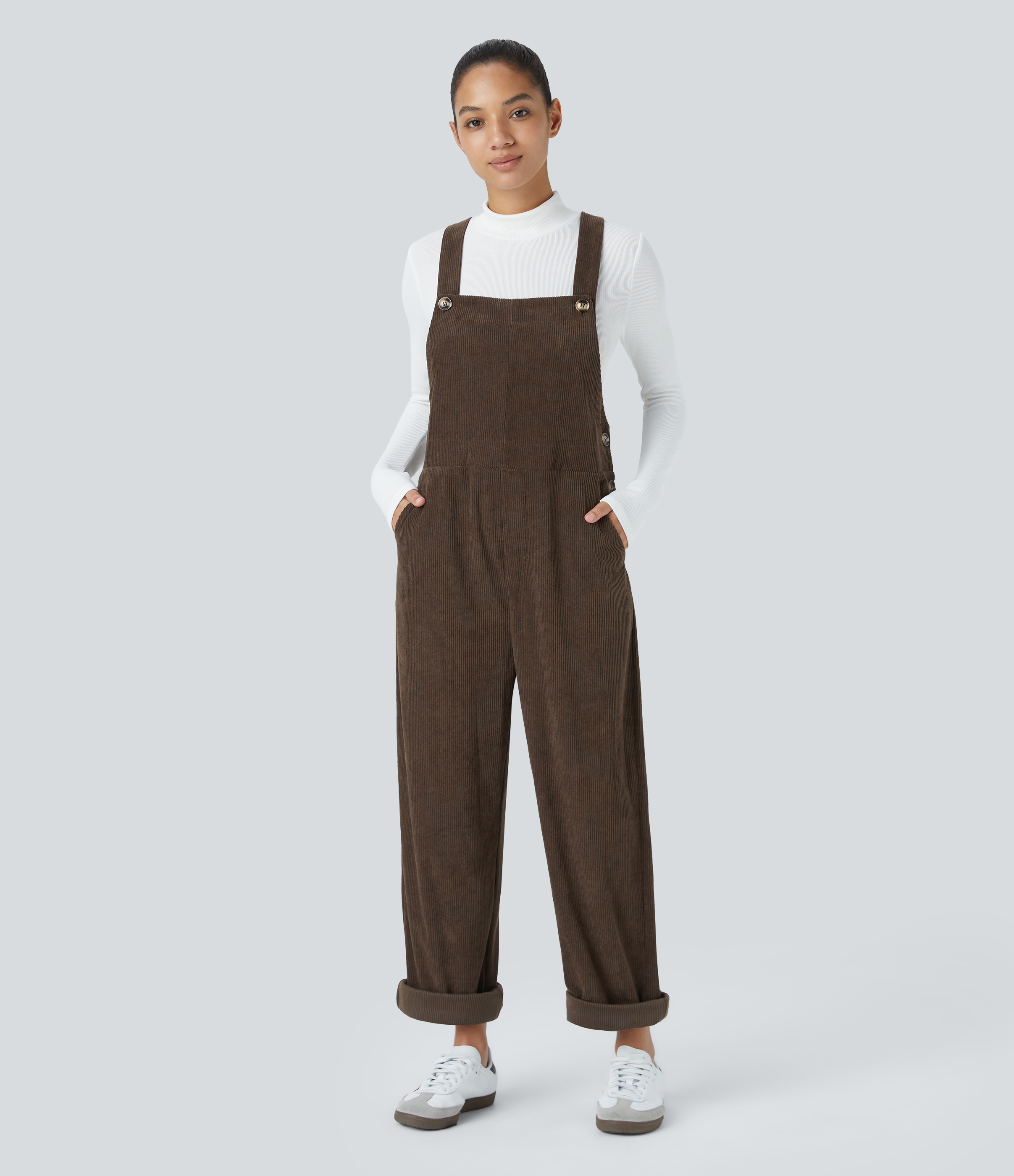 Pockets Straight Leg Corduroy Casual Overalls