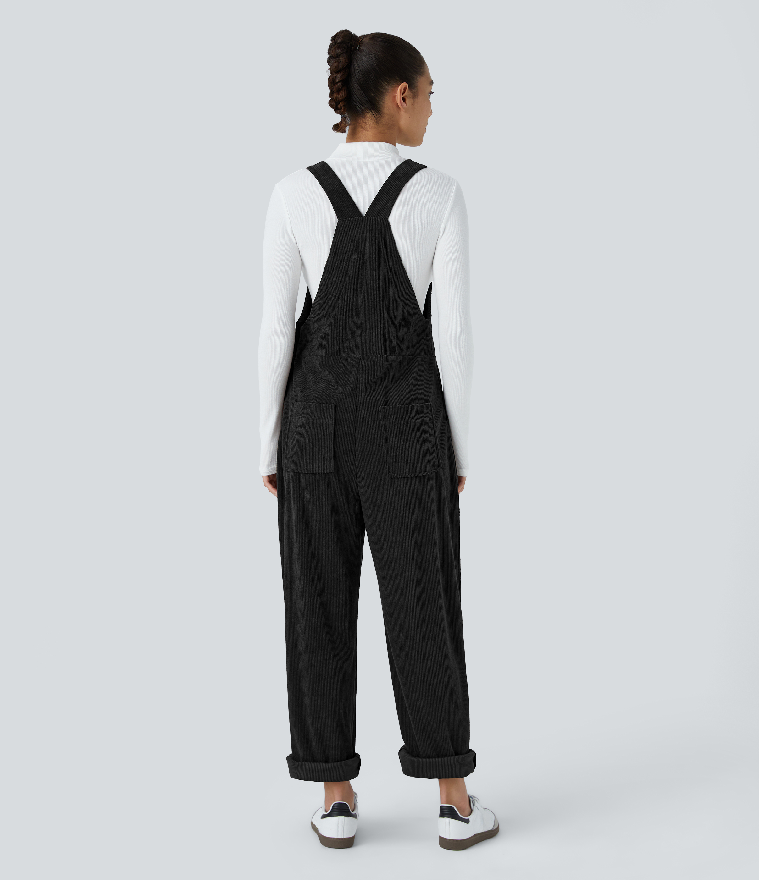 Black Pockets Straight Leg Corduroy Casual Overalls / 2