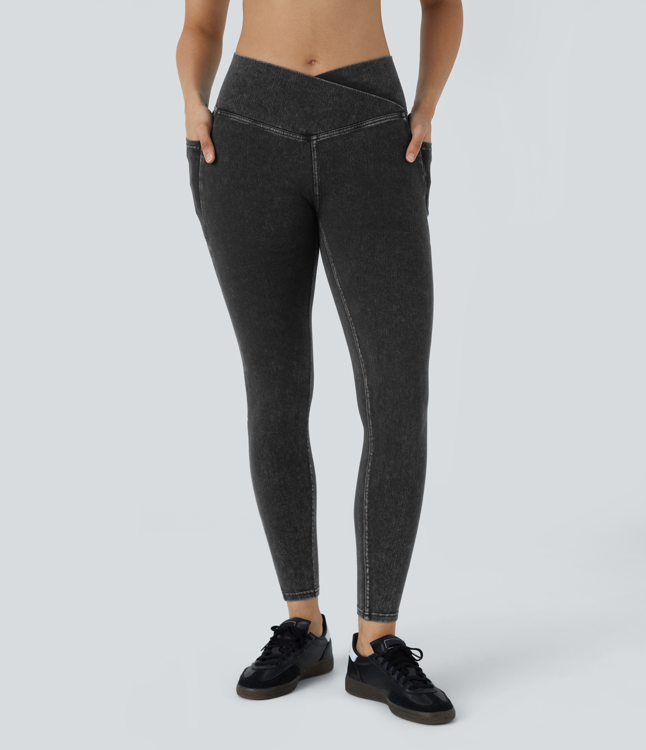 Hemp Rope Black Denim Leggings Halara Flex™ Denim oficina mezclilla elástico lavado bolsillo lateral cruzado / 2
