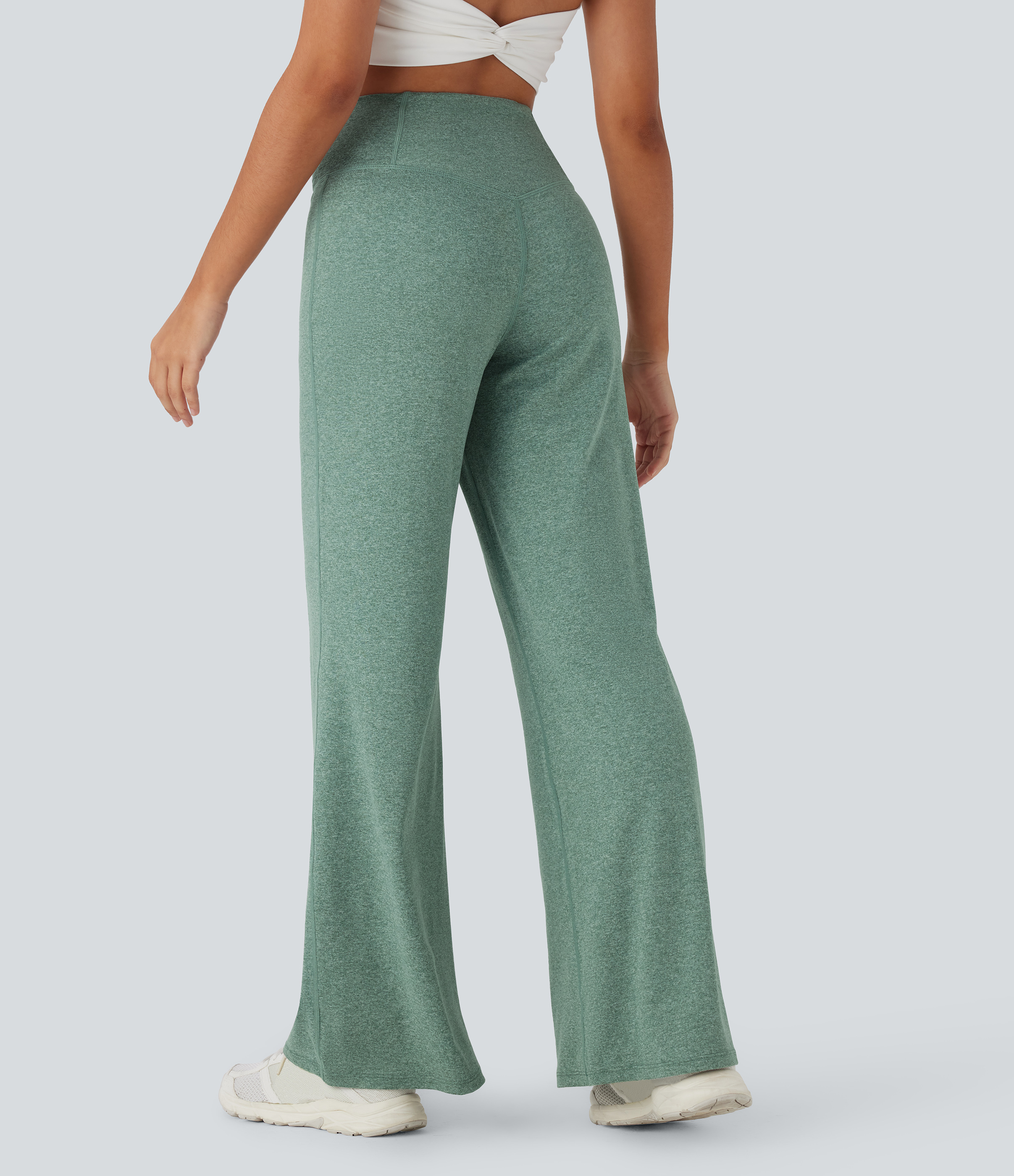 Mottled Pine Green Pantalones de yoga anchos de tiro alto cruzado con bolsillo trasero / 2