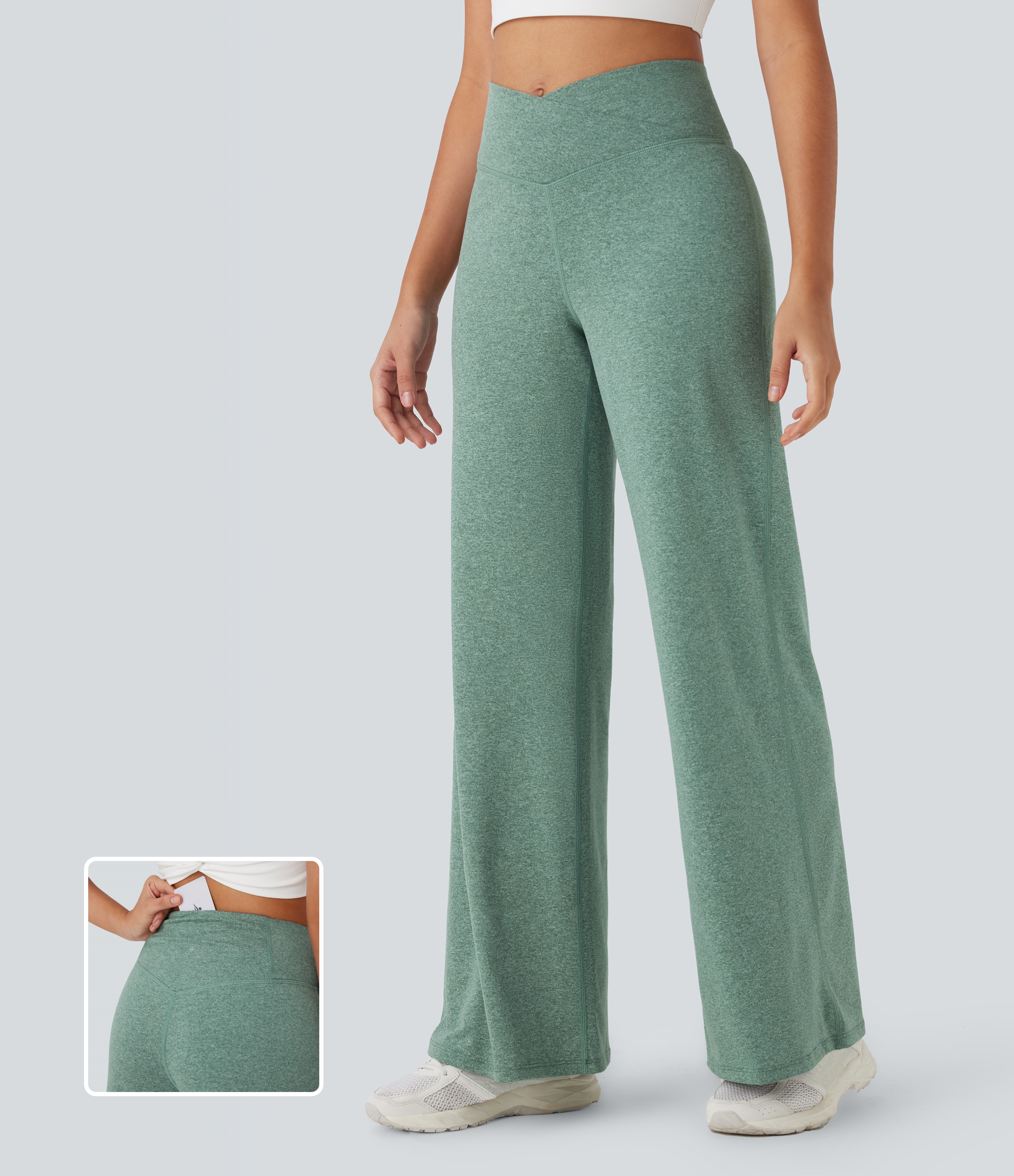 Pantalones de yoga anchos de tiro alto cruzado con bolsillo trasero