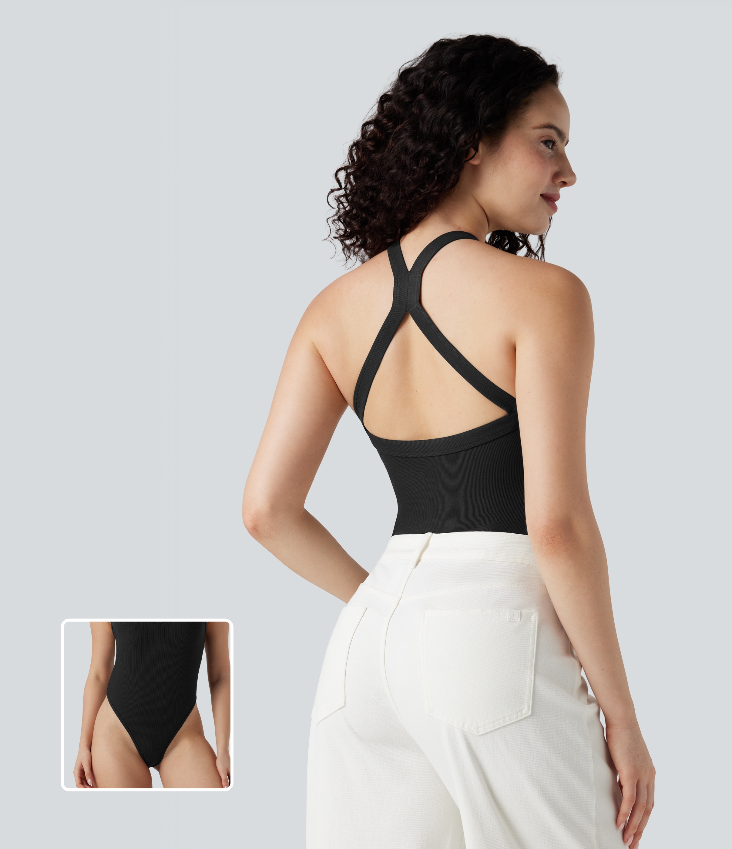 Ribbed Crisscross Back V-Neck Sleeveless Skinny Casual Bodysuit