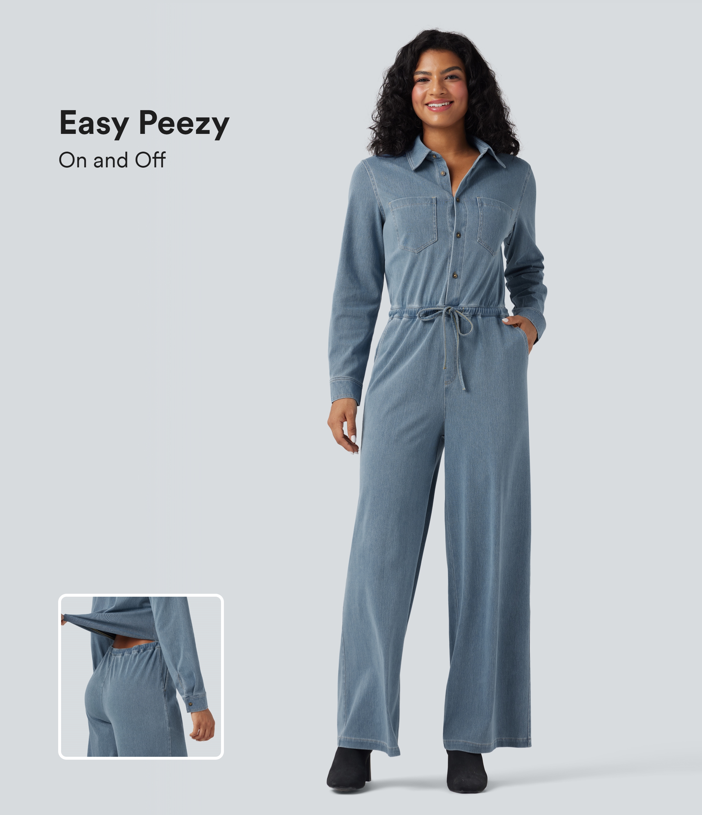 Halara Flex™ Long Sleeve Drawstring Wide Leg Washed Denim Casual Jumpsuit with Pockets-Easy Peezy Edition
