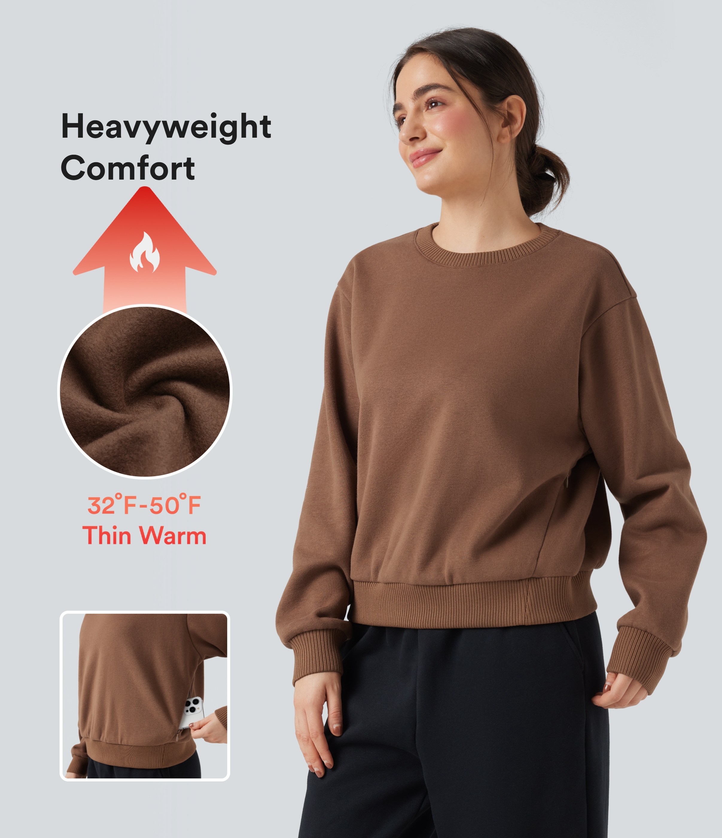 Baumwoll-Sweatshirt mit Fleece-Futter, Rundhalsausschnitt, langen Ärmeln und Taschen