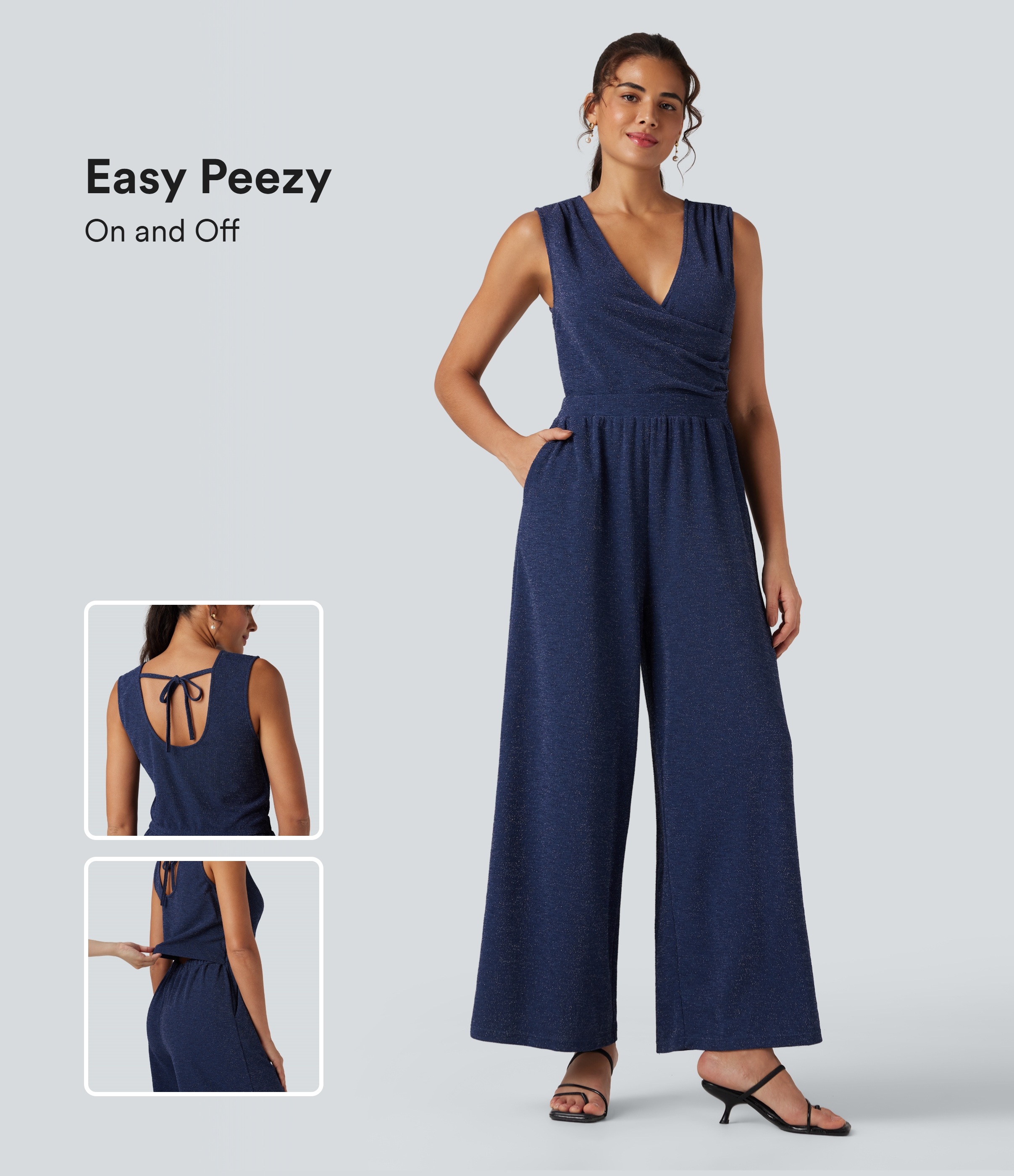 V Neck Sleeveless Tie Back Wide Leg Casual Sparkle Jumpsuit with Pockets-Easy Peezy Edition