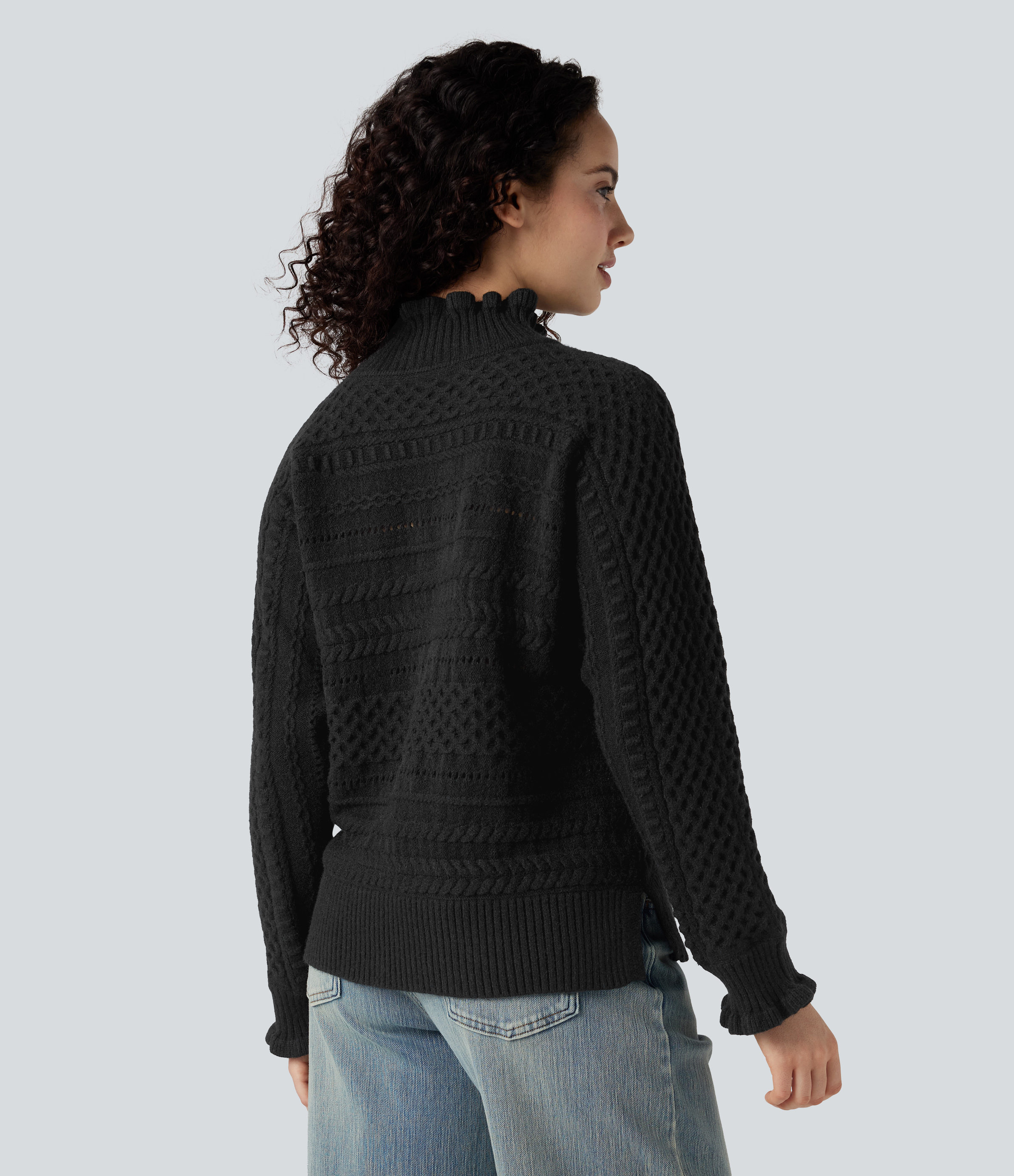 Black Ruffle Mock Neck Long Sleeve Cut Out Casual Jumper / 2