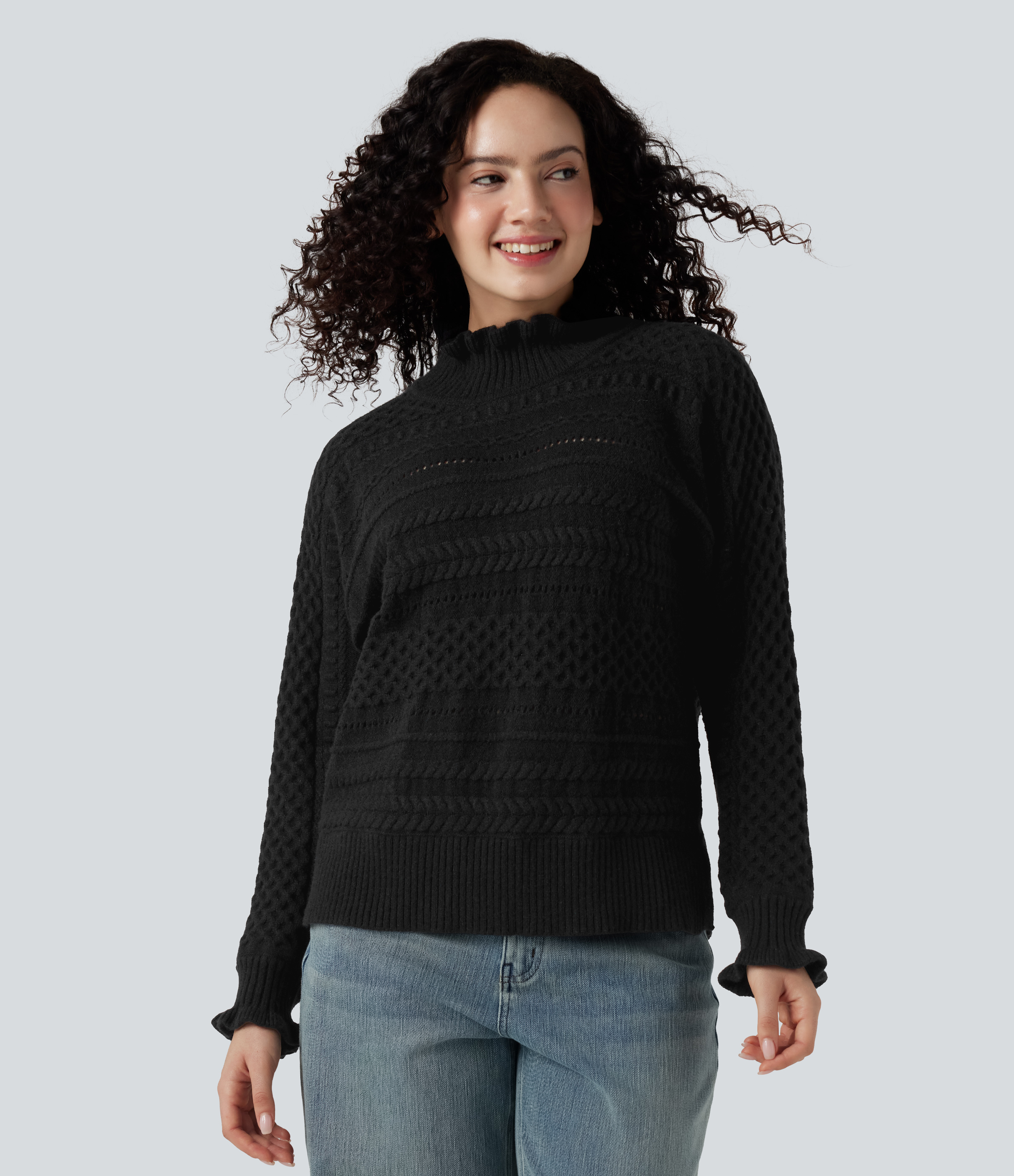 Black Ruffle Mock Neck Long Sleeve Cut Out Casual Jumper / 1
