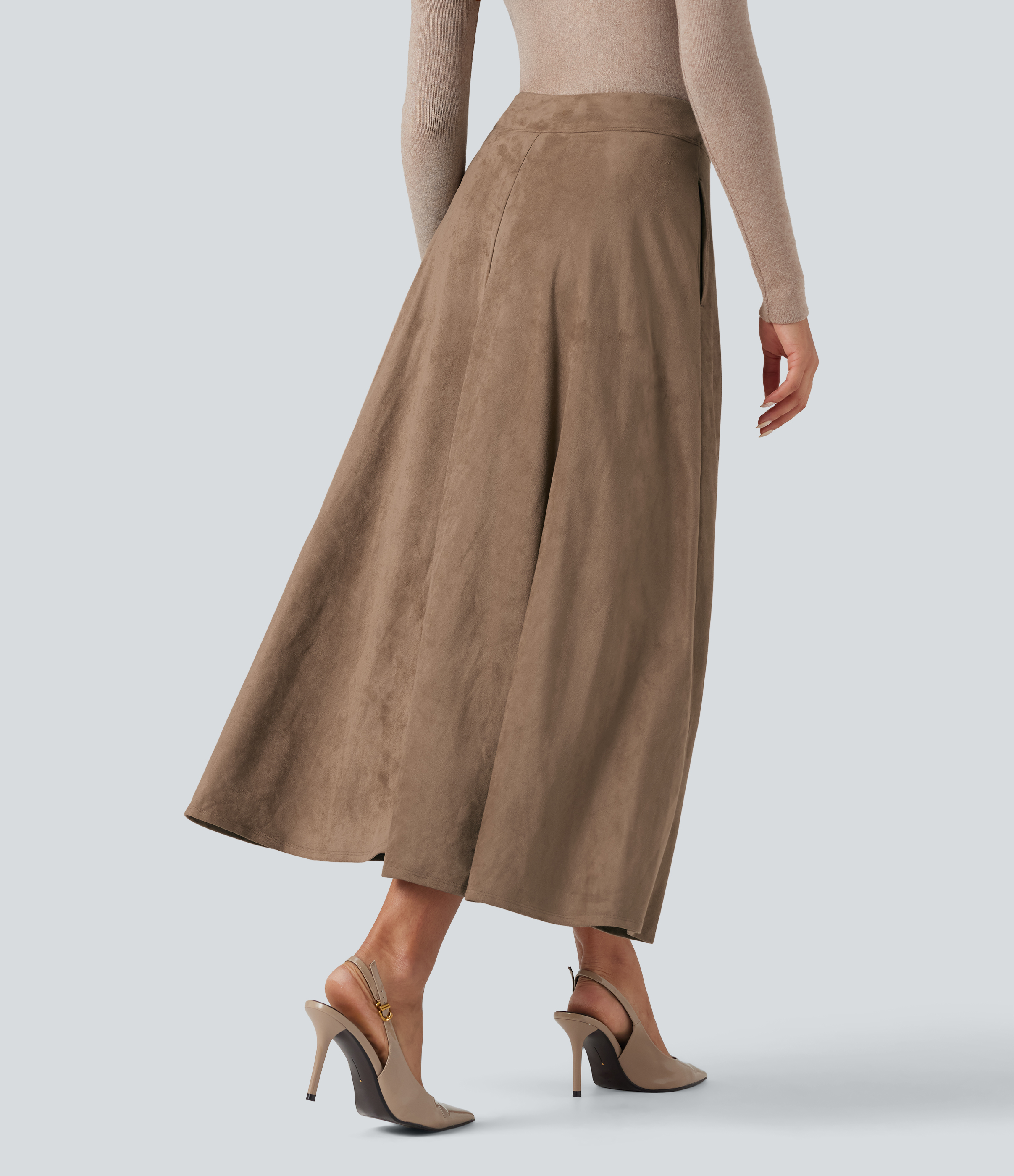 Coca Mocha Jupe mi-longue en suède, taille haute, évasée et décontractée, avec poches / 2