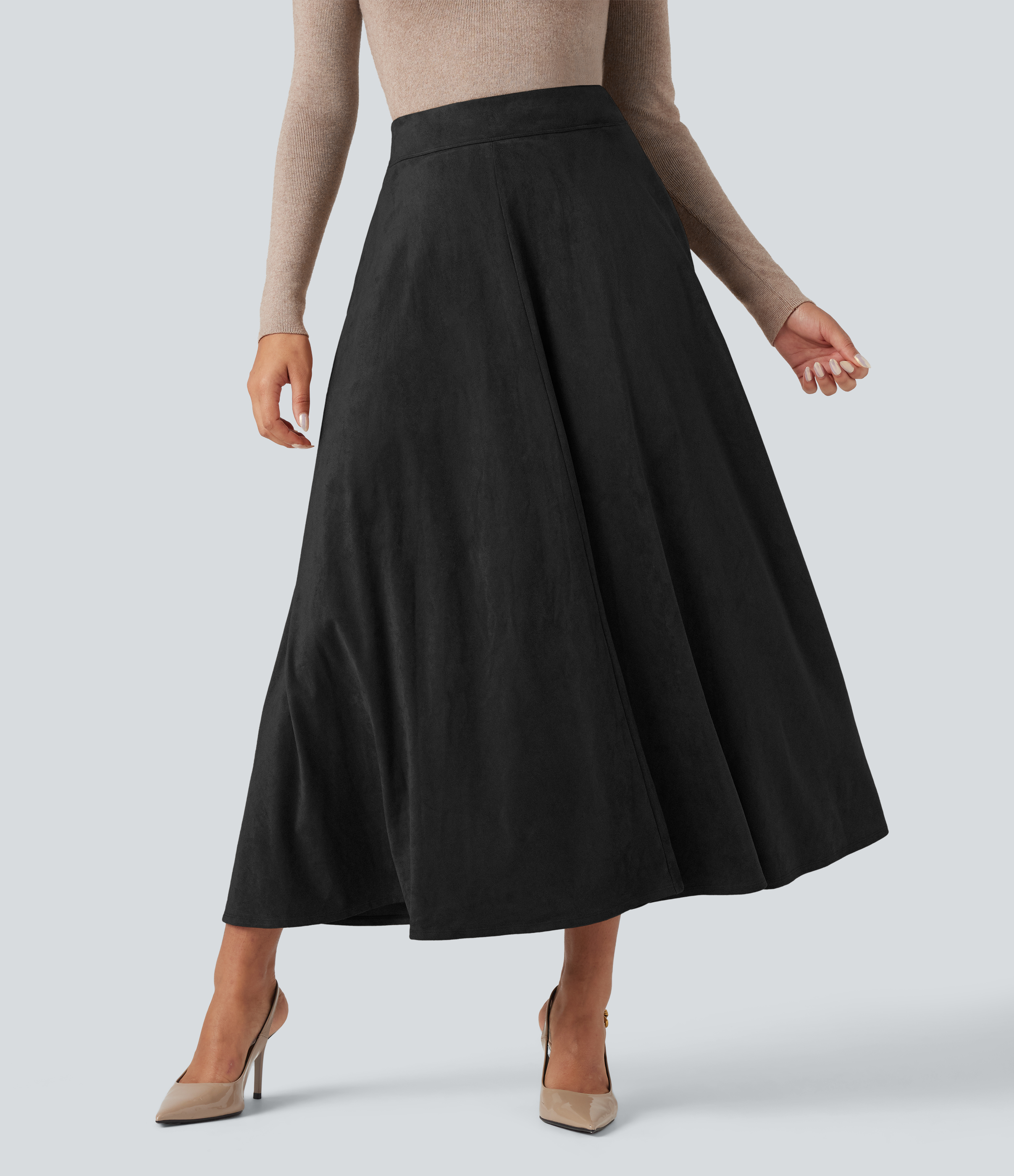 High Waisted Suede Midi Casual Flare Skirt with Pockets