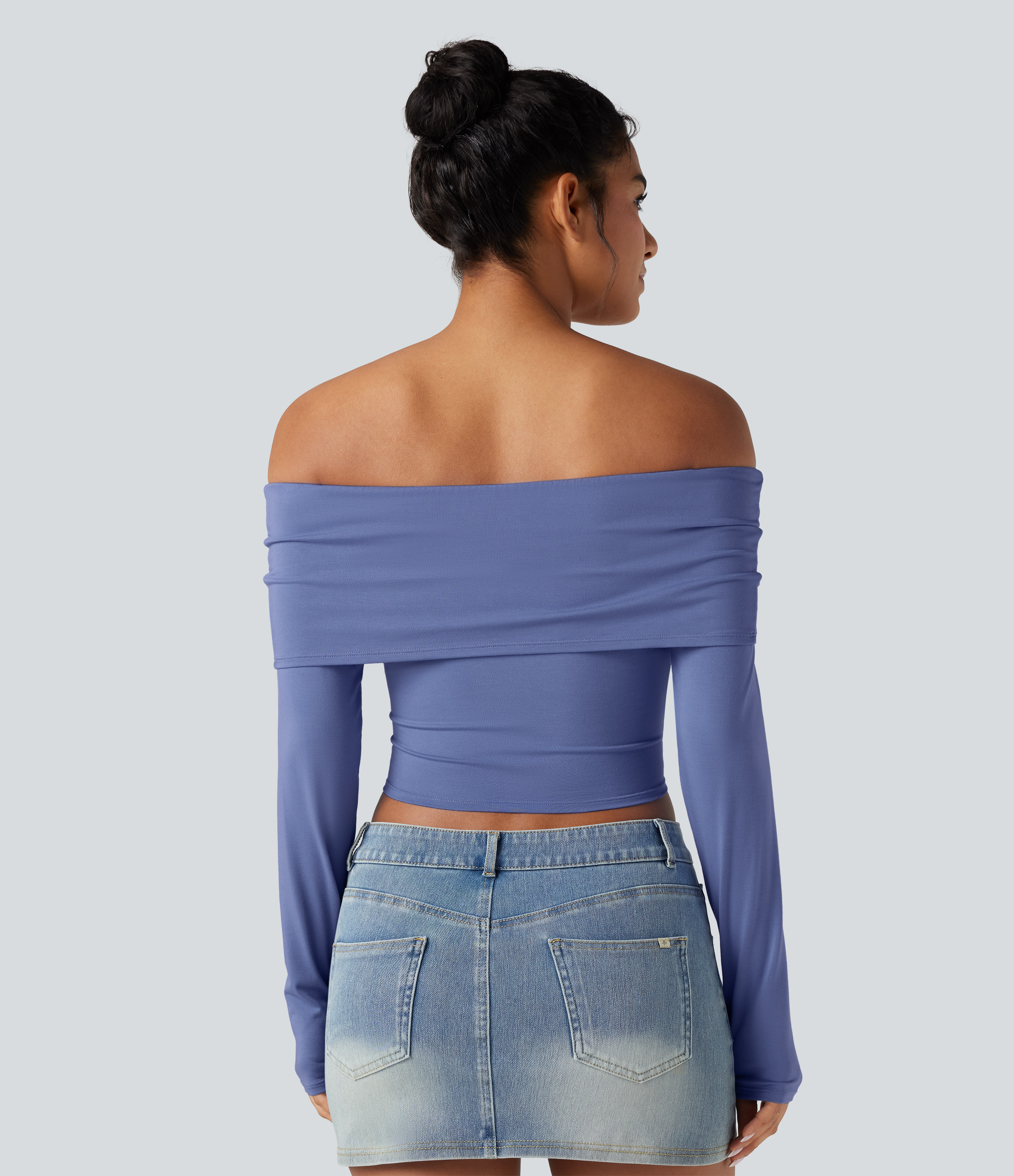 Bleached Denim Top ultra-ajusté épaules dénudées manches longues / 2