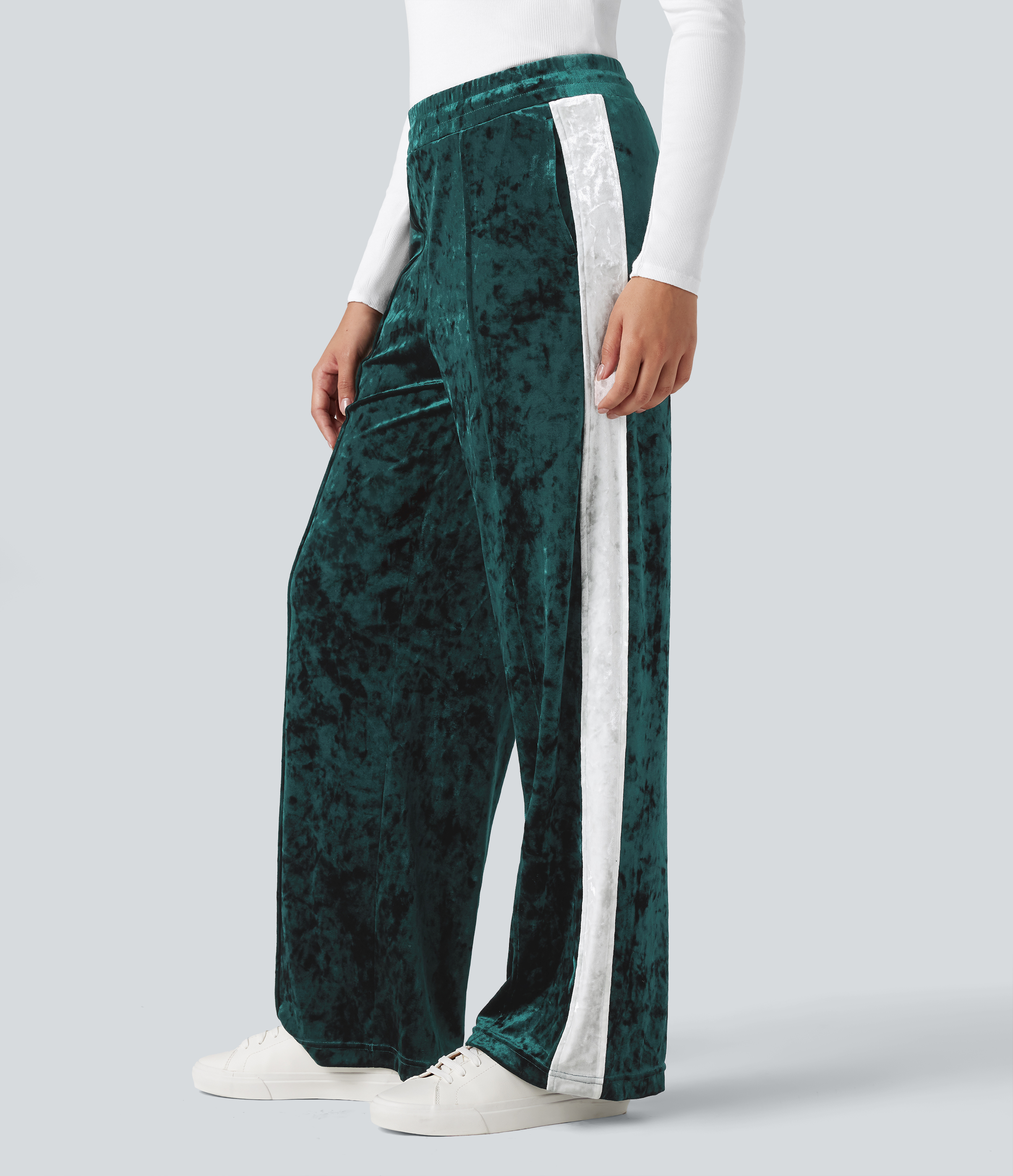 Mid Rise Drawstring Color Block Velvet Casual Straight Leg Pants with Pockets