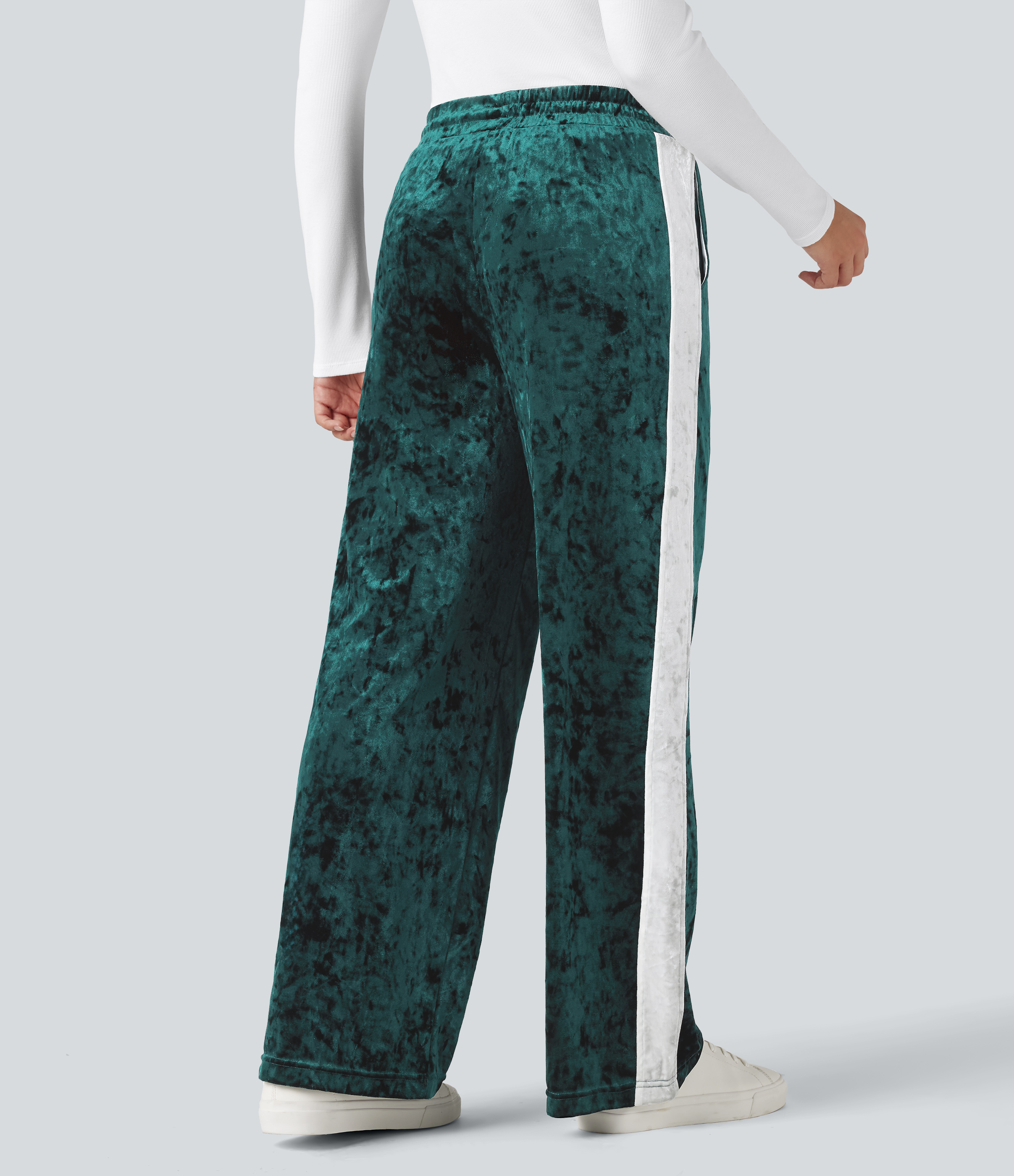 Bistro Green Pantalon velours coupe droite color block taille mi-haute avec cordon de serrage et poches / 2