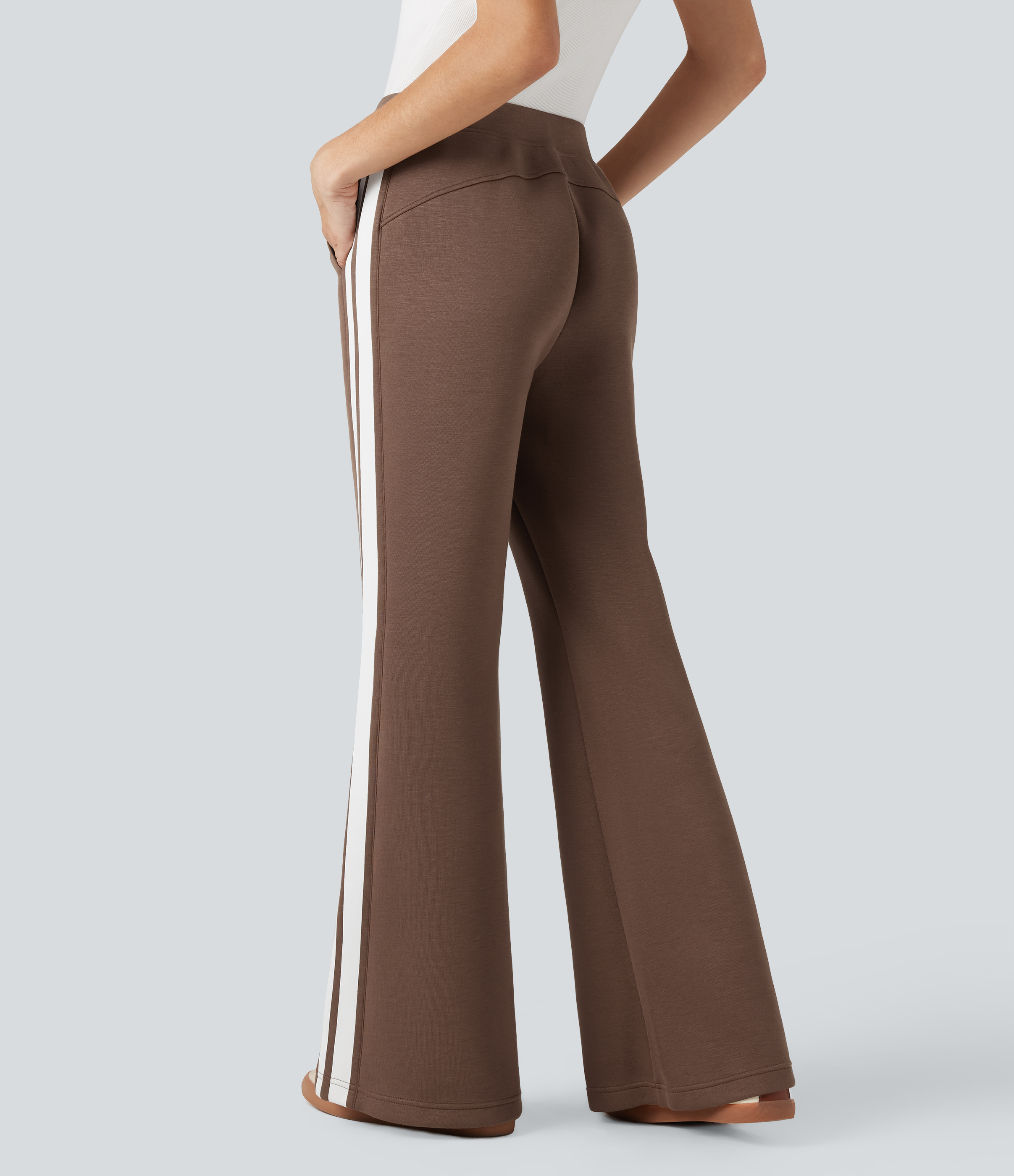 Cocoa Brown SpacerTek™ Mid Rise Stripe Casual Flared Trousers with Pockets / 2